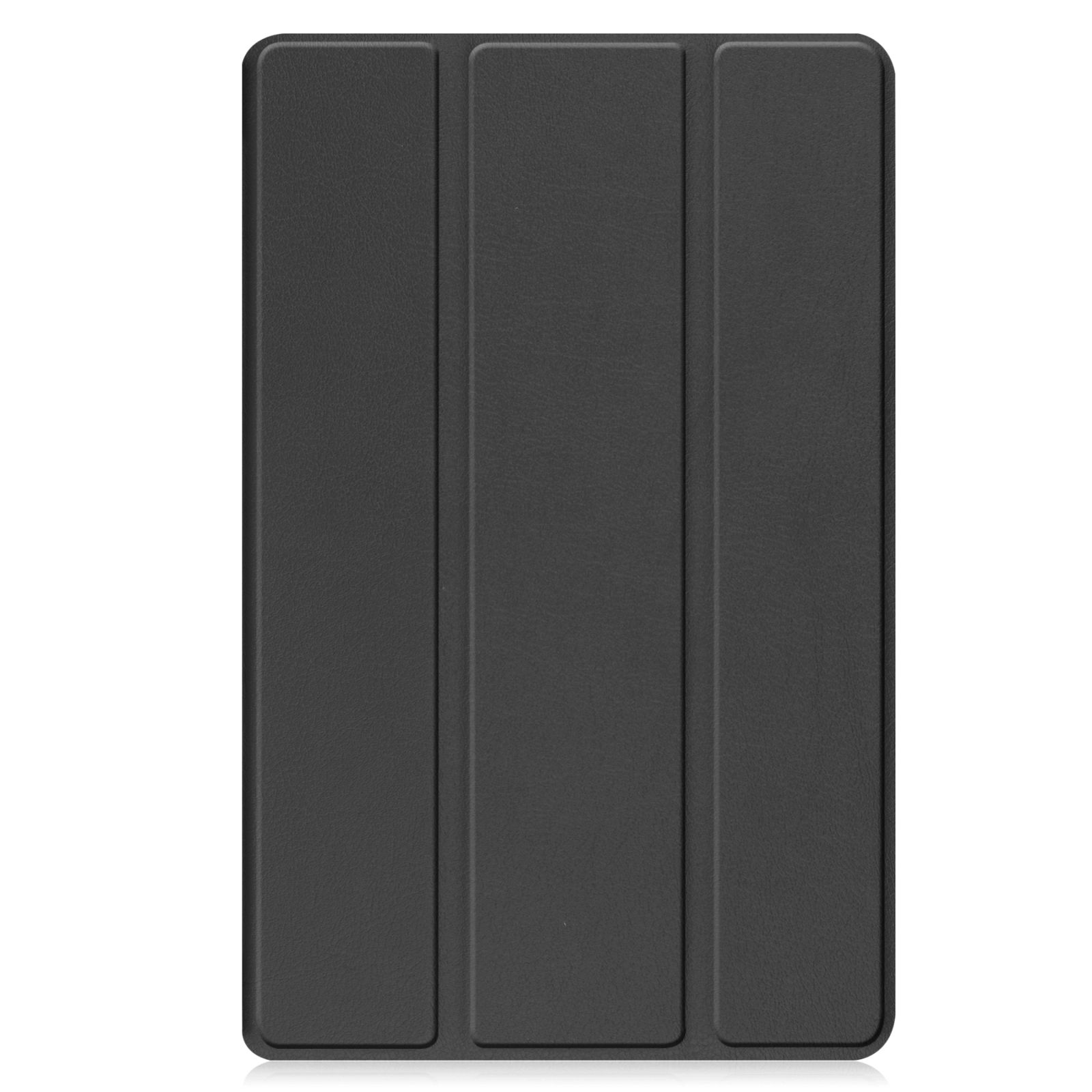 Schwarze Tablethülle, geschlossen. Drei Paneele. Strukturierte Oberfläche.