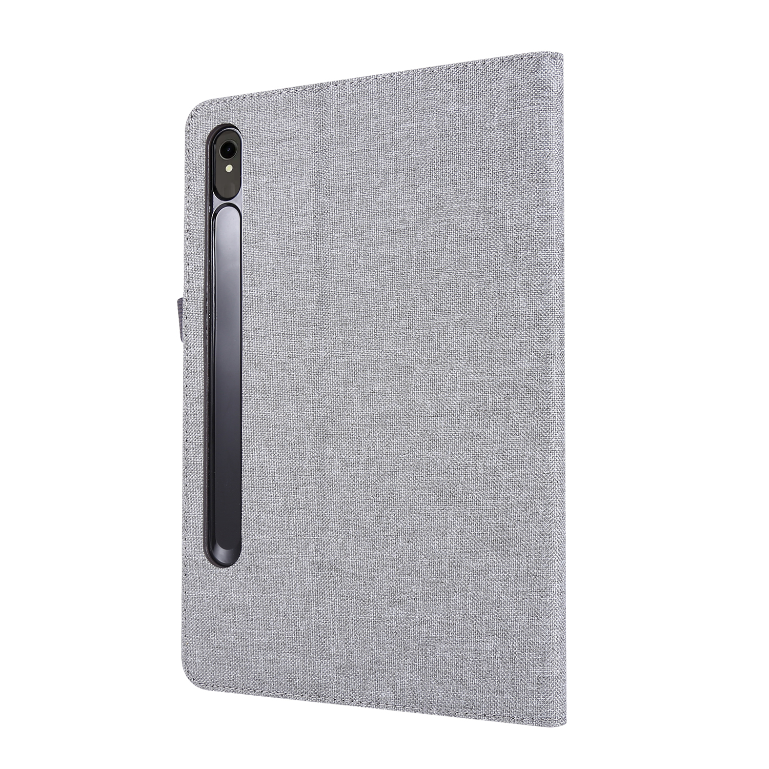 Tablethülle mit grauem Stoff und schwarzem Stift für einen Stift, auf weißem Hintergrund.