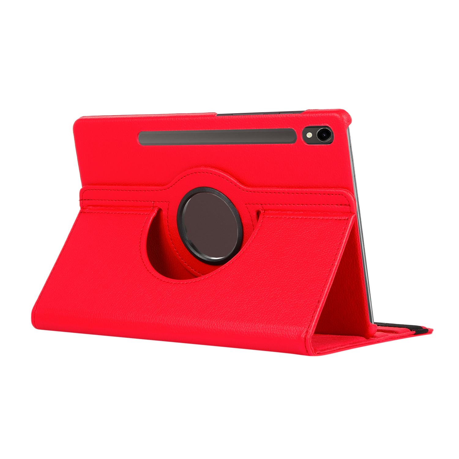 Rote Tablet-Hülle mit drehbarem Ständer und großer kreisförmiger Öffnung. Die Hülle ist aus Leder.