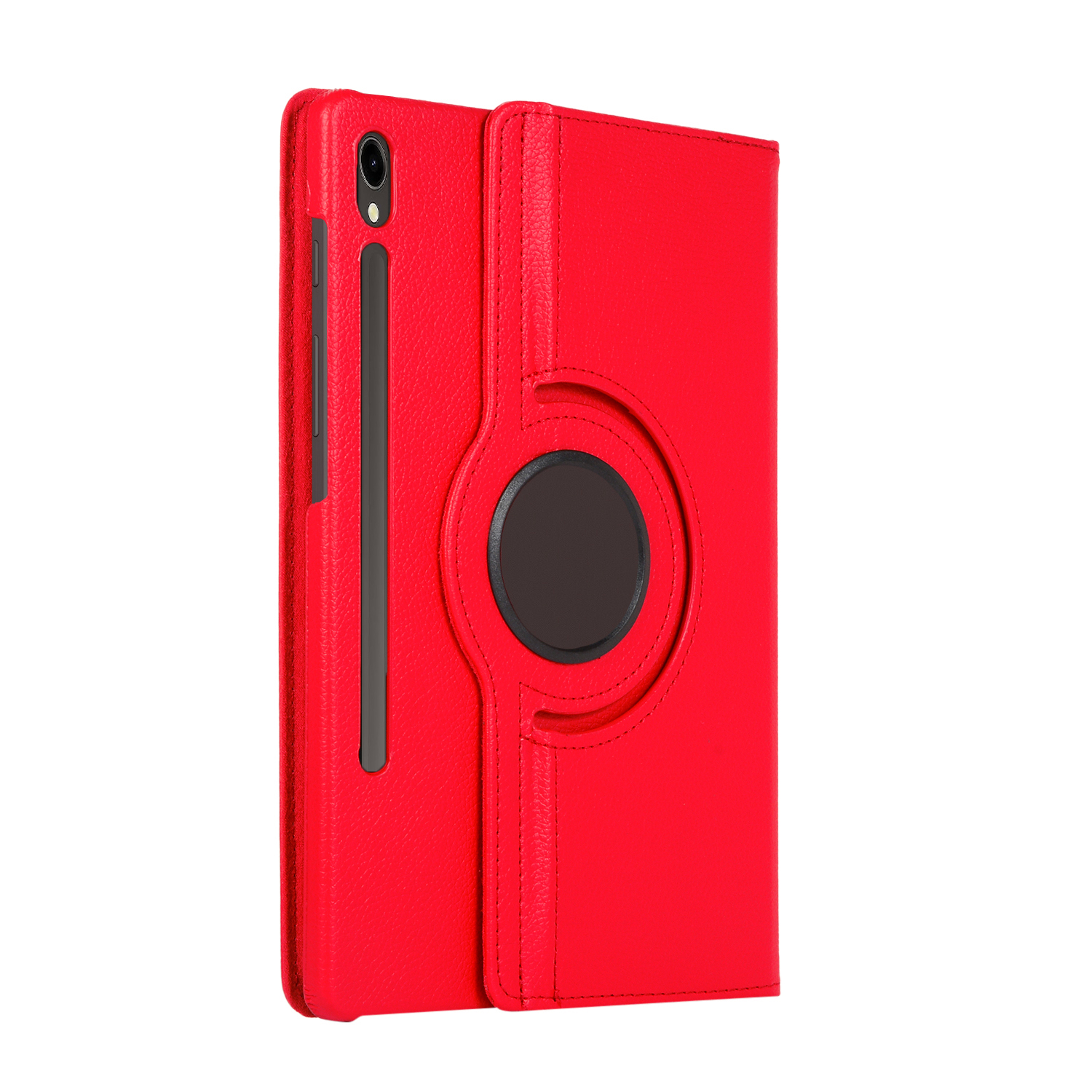 Rote Tablet-Hülle mit einem schwarzen Kreis mit einem schwarzen Tablet-Stifthalter.