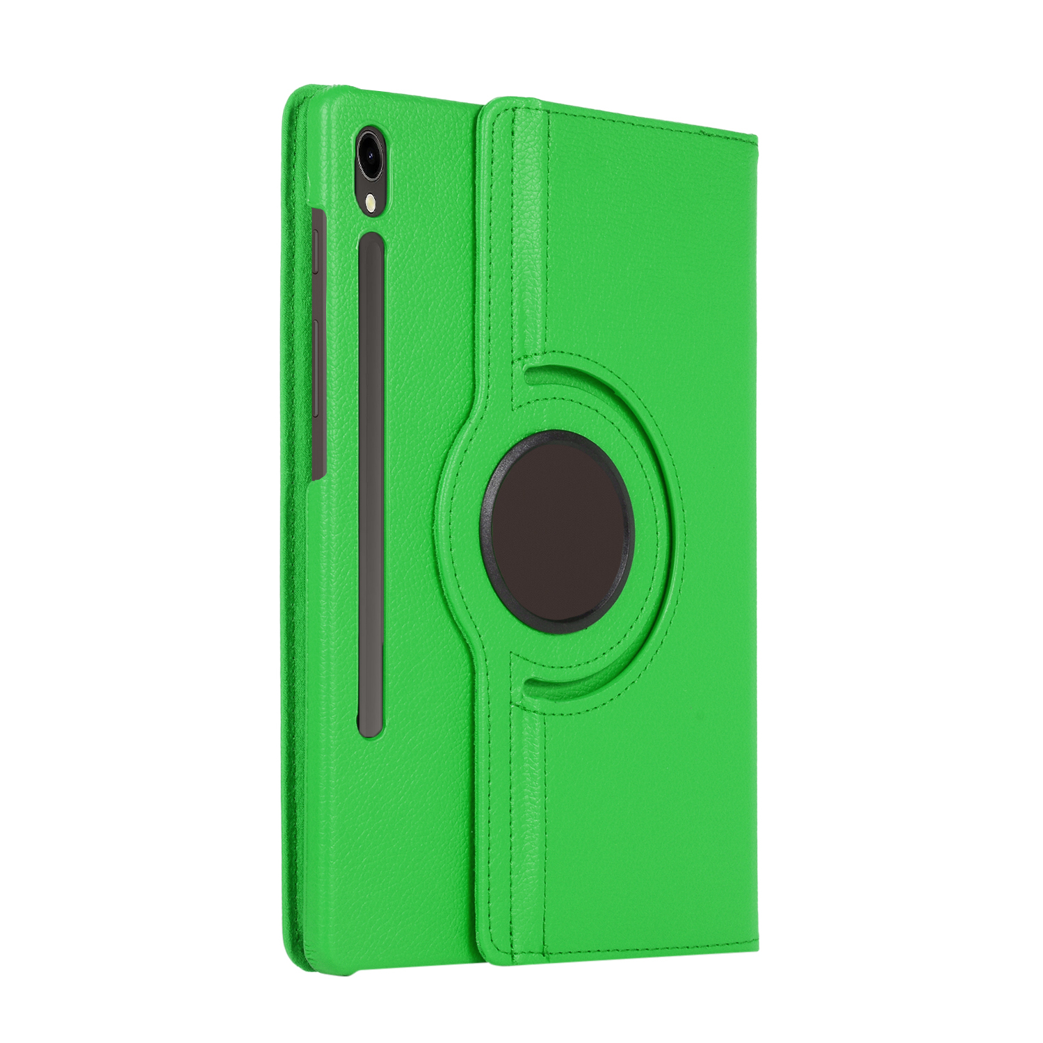 Grüne Tablethülle mit schwarzem kreisförmigen Halter. Die Hülle ist offen, das Tablet nicht sichtbar.