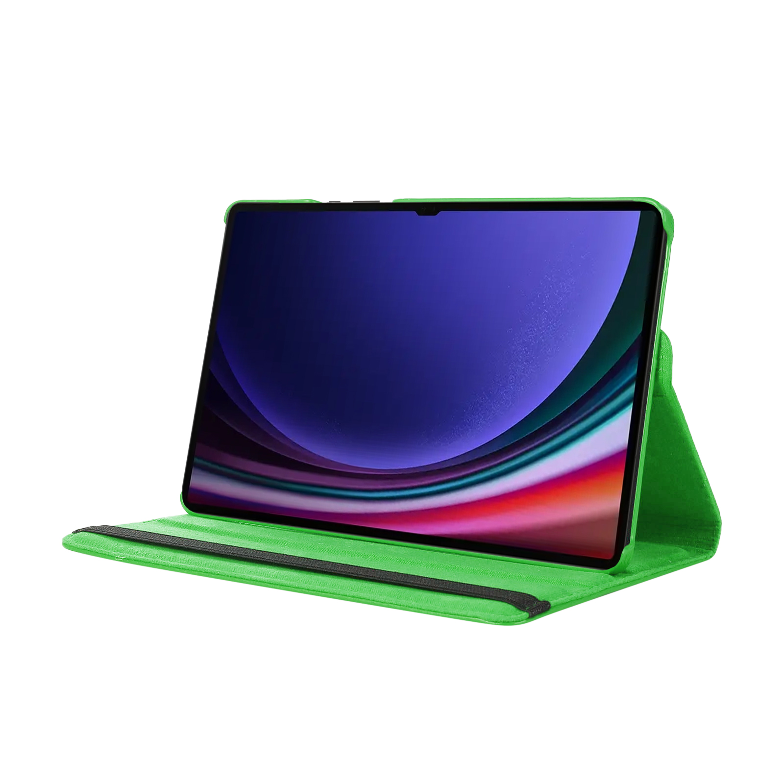 Grüne Tablethülle mit Tablet, das einen bunten Bildschirm zeigt, auf weißem Hintergrund.
