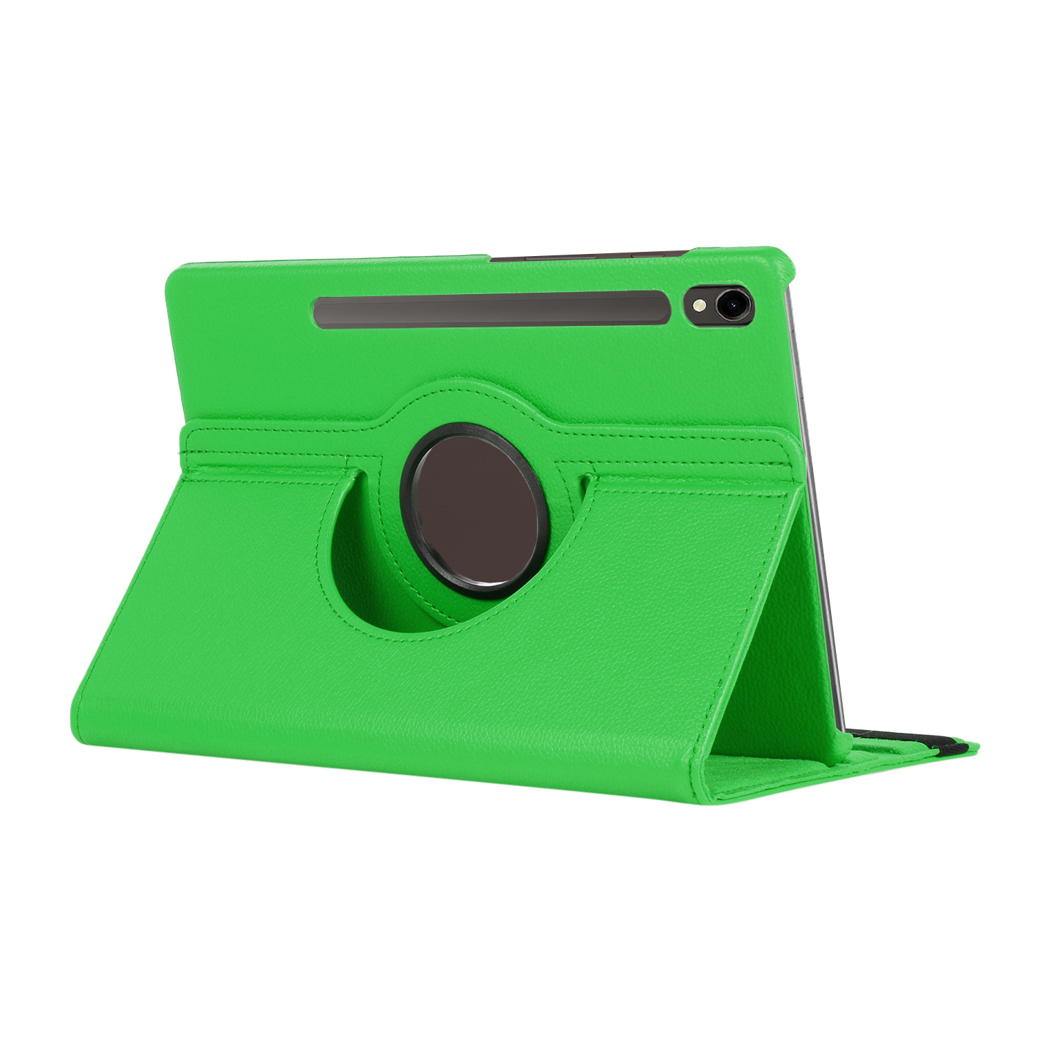 Grüne Tablet-Hülle in Ständerposition, mit drehbarem Halter für das Tablet. Weißer Hintergrund.