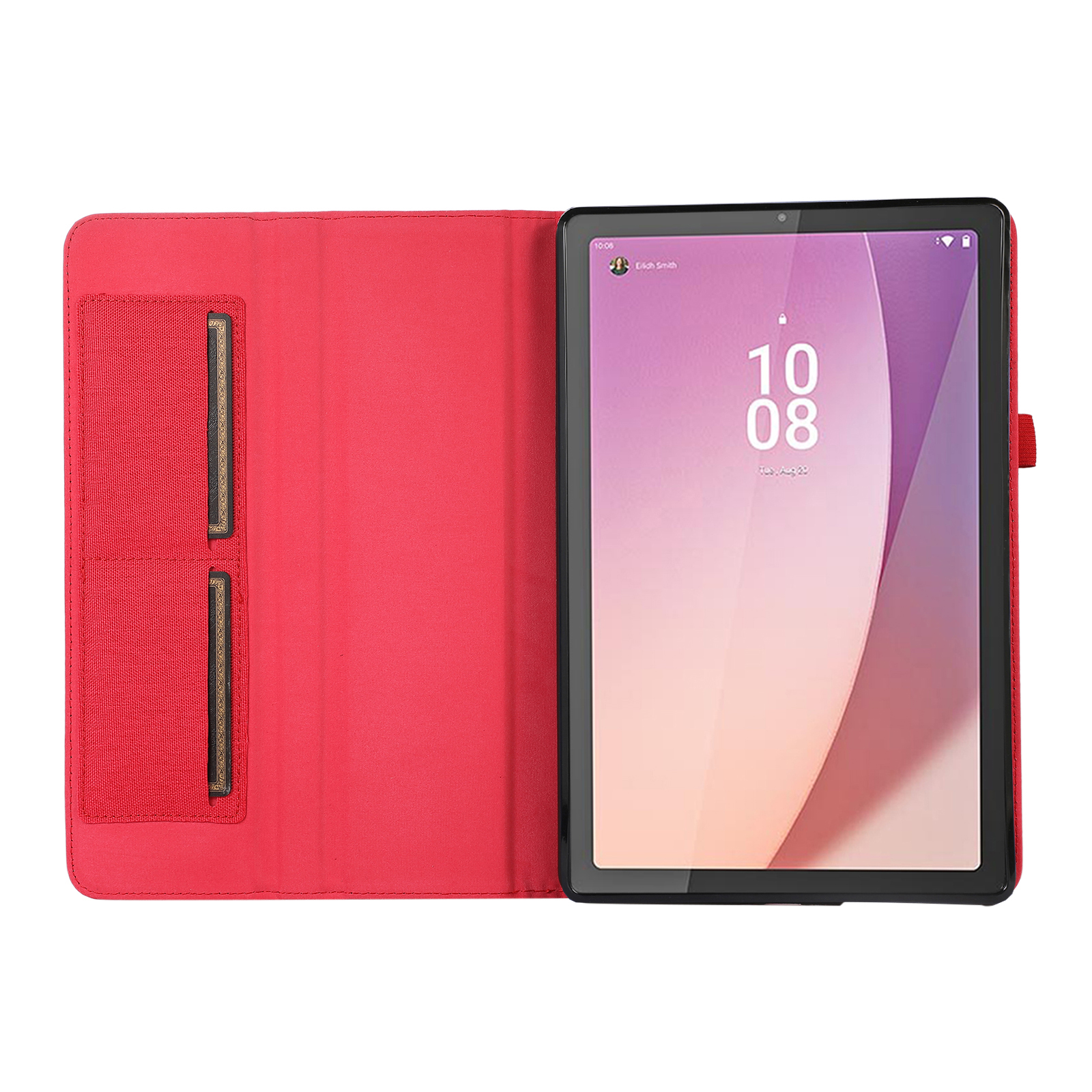 Eine offene rote Tablethülle mit einem Tablet, das eine Uhr anzeigt, und Kartenfächern.