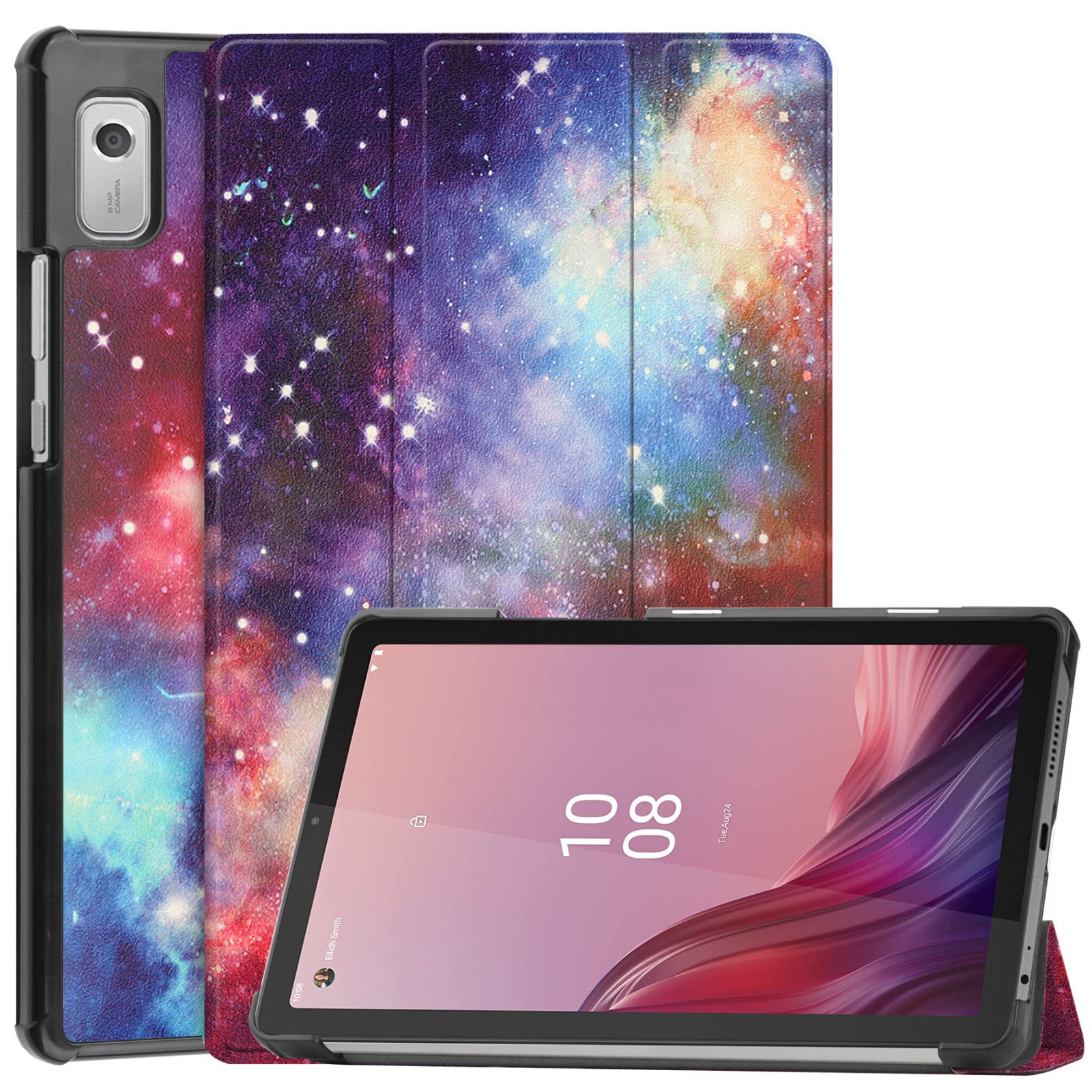 Tablet mit Hülle, das ein Galaxy-Design zeigt. Das Tablet hat einen Bildschirm, der eine Benutzeroberfläche anzeigt. Weißer Hintergrund.