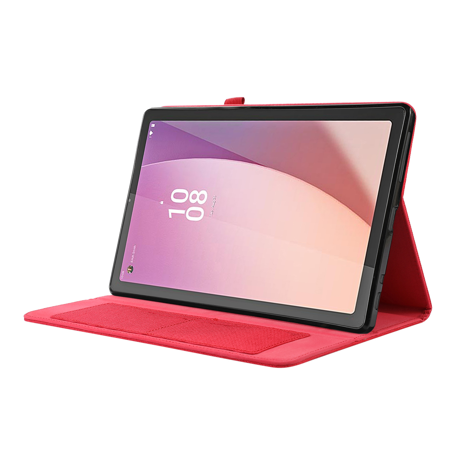 Rotes Tablet in einem roten Gehäuse. Der Bildschirm zeigt Datum und Uhrzeit an.