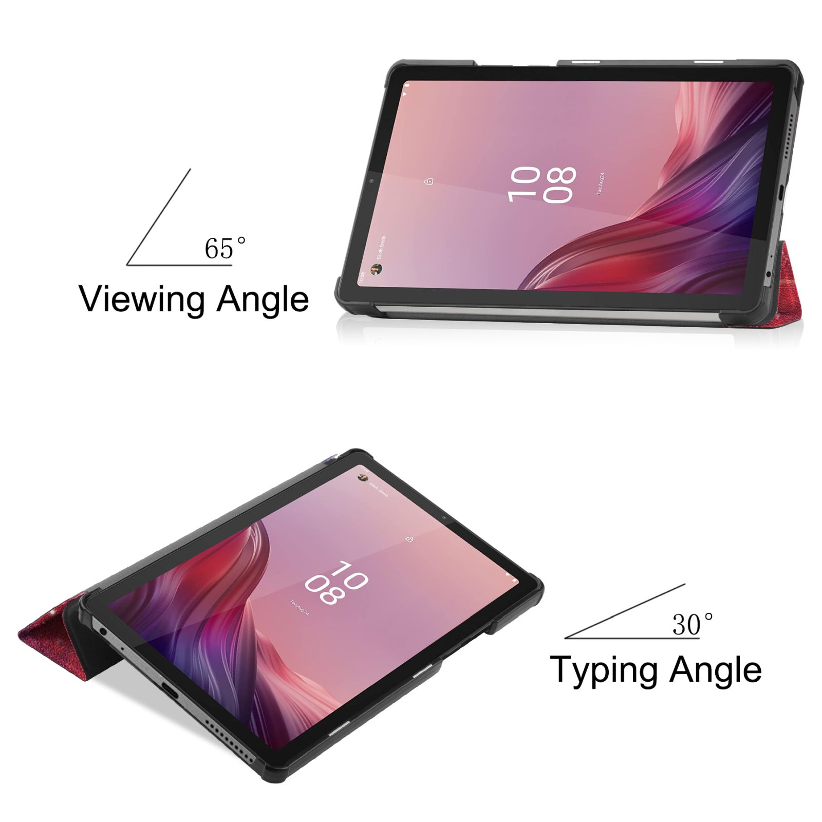 Tablet in einem Gehäuse. Betrachtungswinkel 65°, Schreibwinkel 30°.