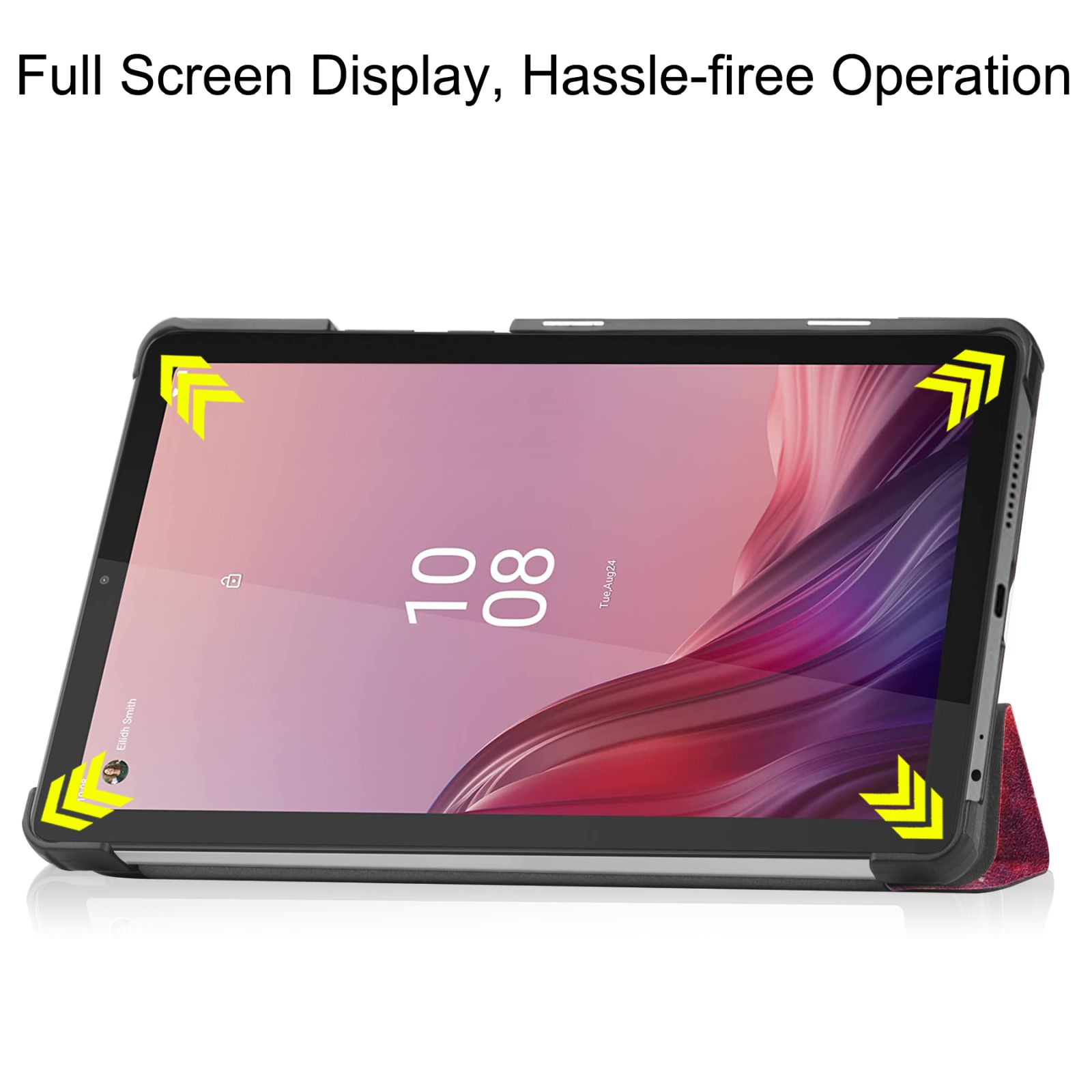 Ein Tablet in einer schwarzen Hülle mit einem roten Muster auf der Rückseite. Der Bildschirm zeigt ein Datum an.