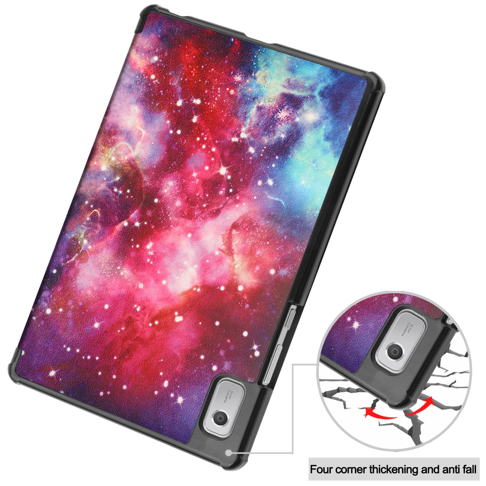 Tablet-Hülle mit Galaxie-Design. Schwarzer Rahmen, Weltraum-Themen-Abdeckung.