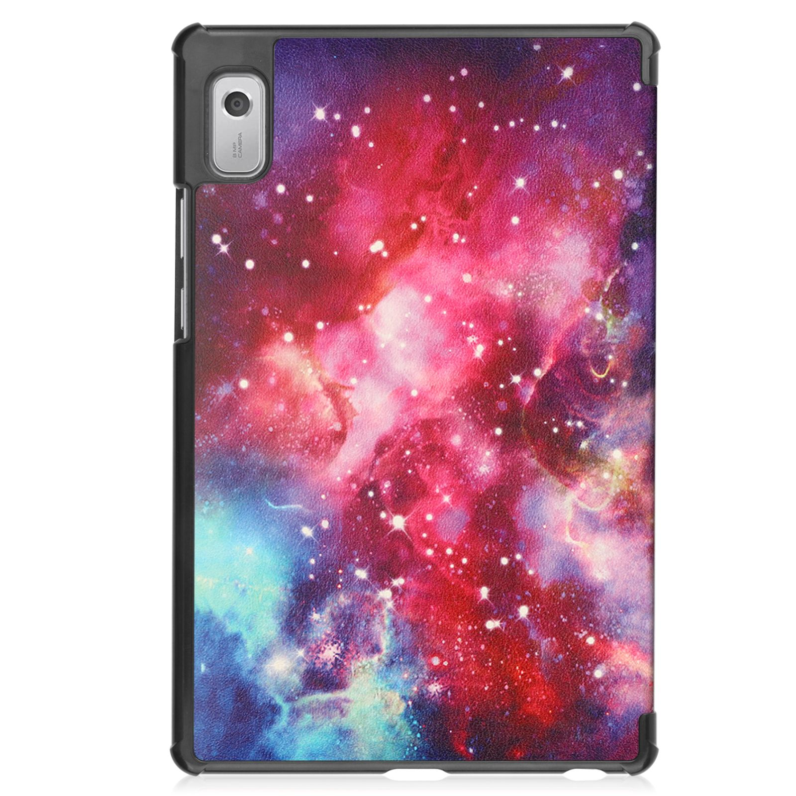 Eine Tablet-Hülle mit buntem Galaxiedesign auf der Rückseite, mit schwarzem Rahmen.