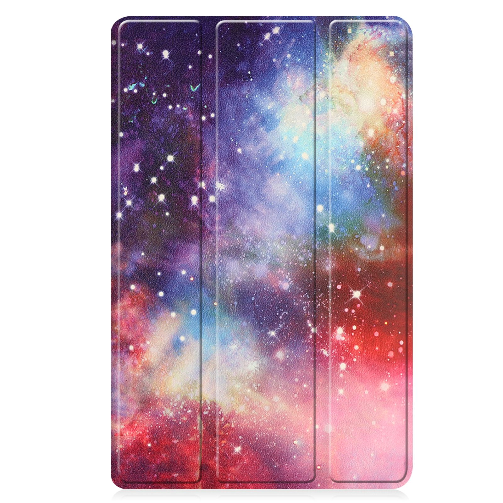 Tablet-Hülle mit Galaxie-Design. Die Hülle ist lila, rot und pink mit weißen Punkten.