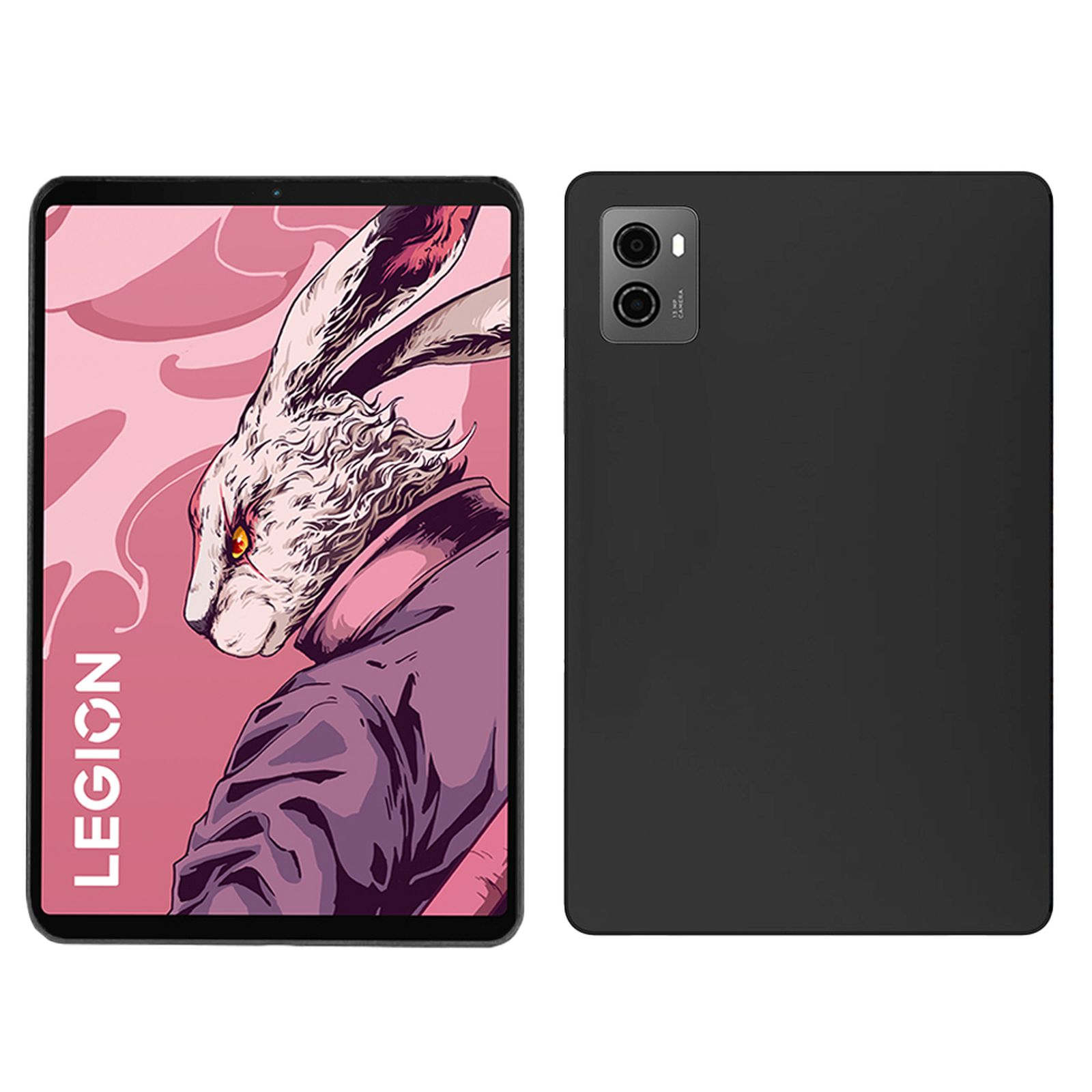 Ein Tablet mit Legion-Logo und eine schwarze Hülle, wobei Tablet und Hülle getrennt sind.