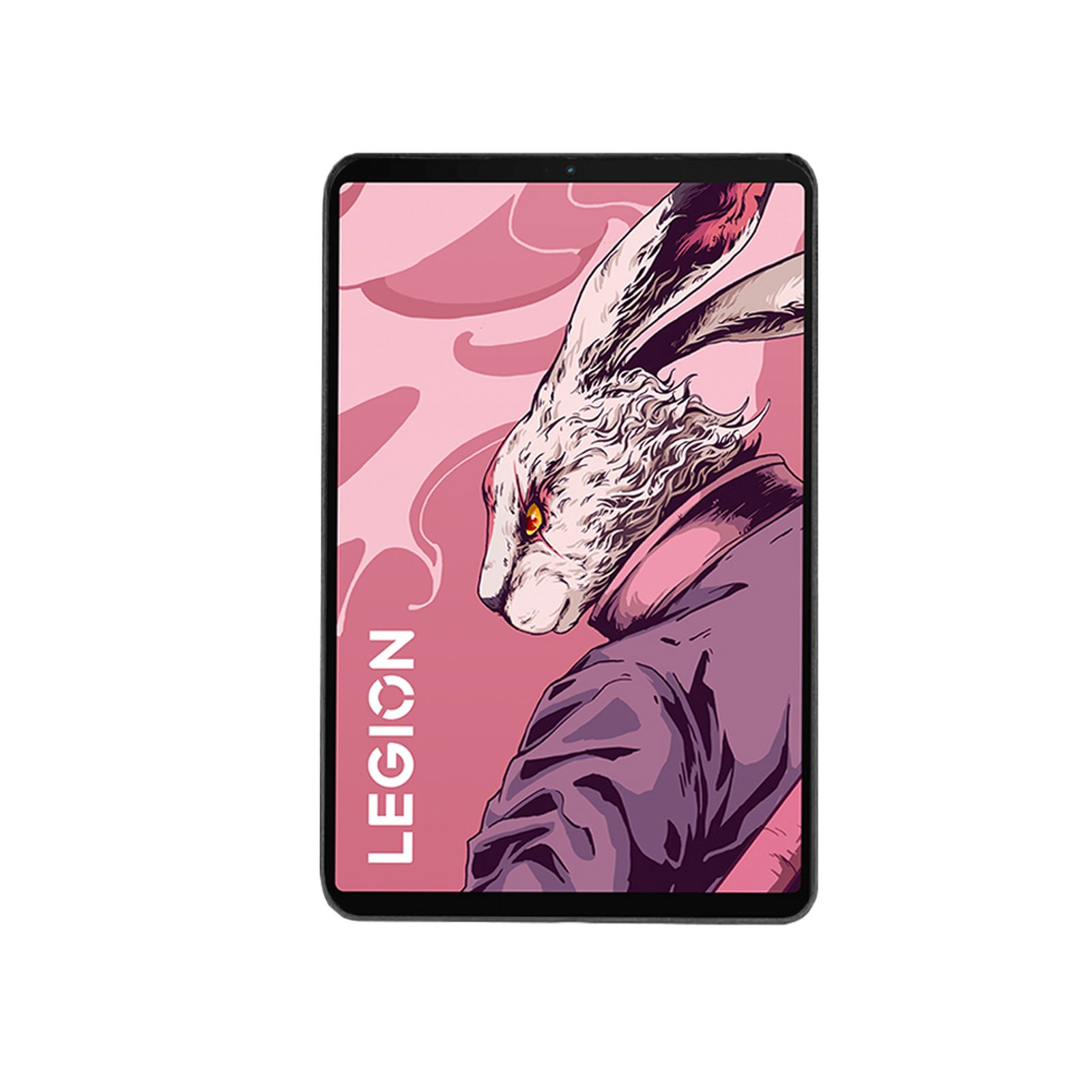 Tablet mit Hasenillustration. Das Wort LEGION ist vertikal auf der linken Seite des Bildschirms platziert.