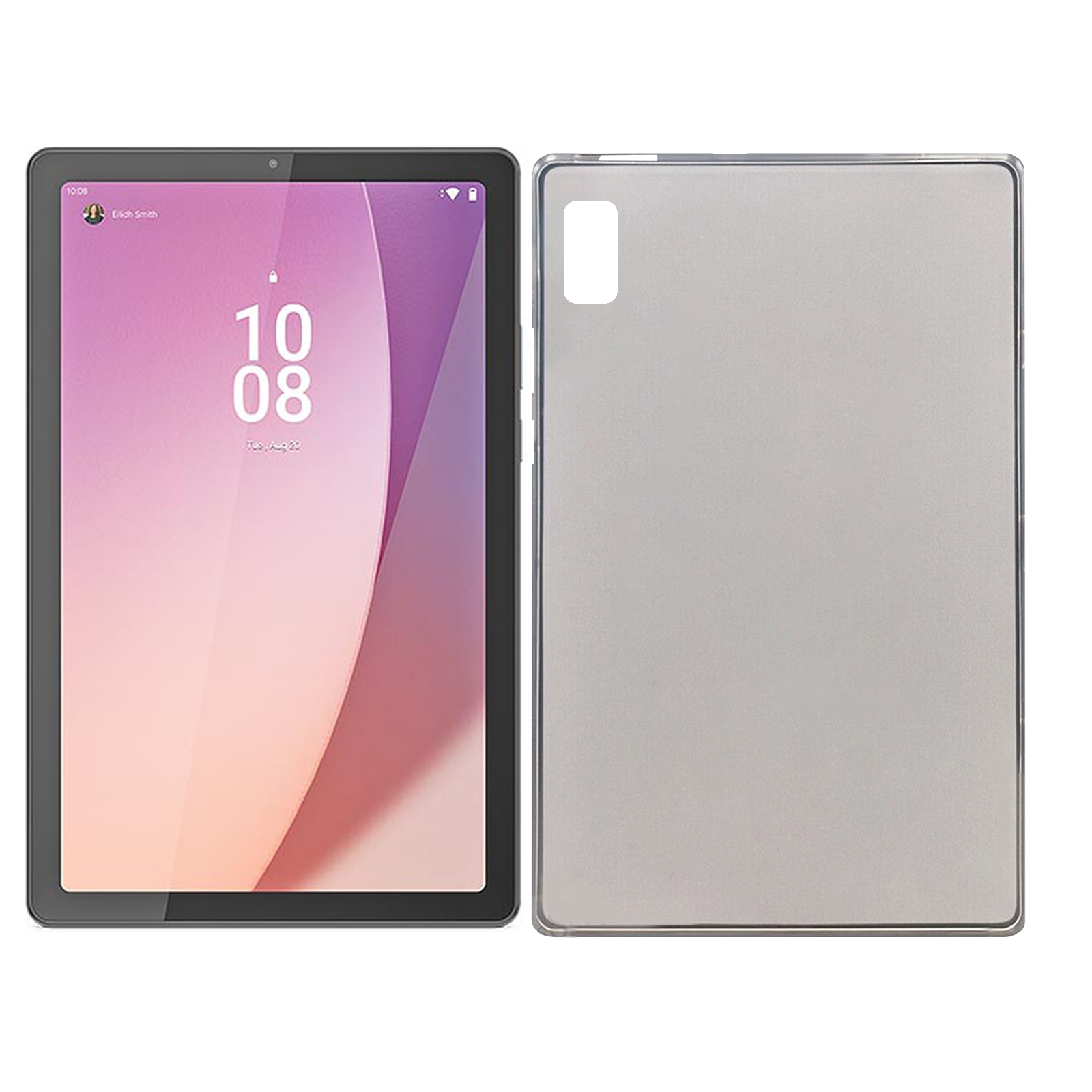 Tablet mit Bildschirm links und Hülle rechts. Beide grau.