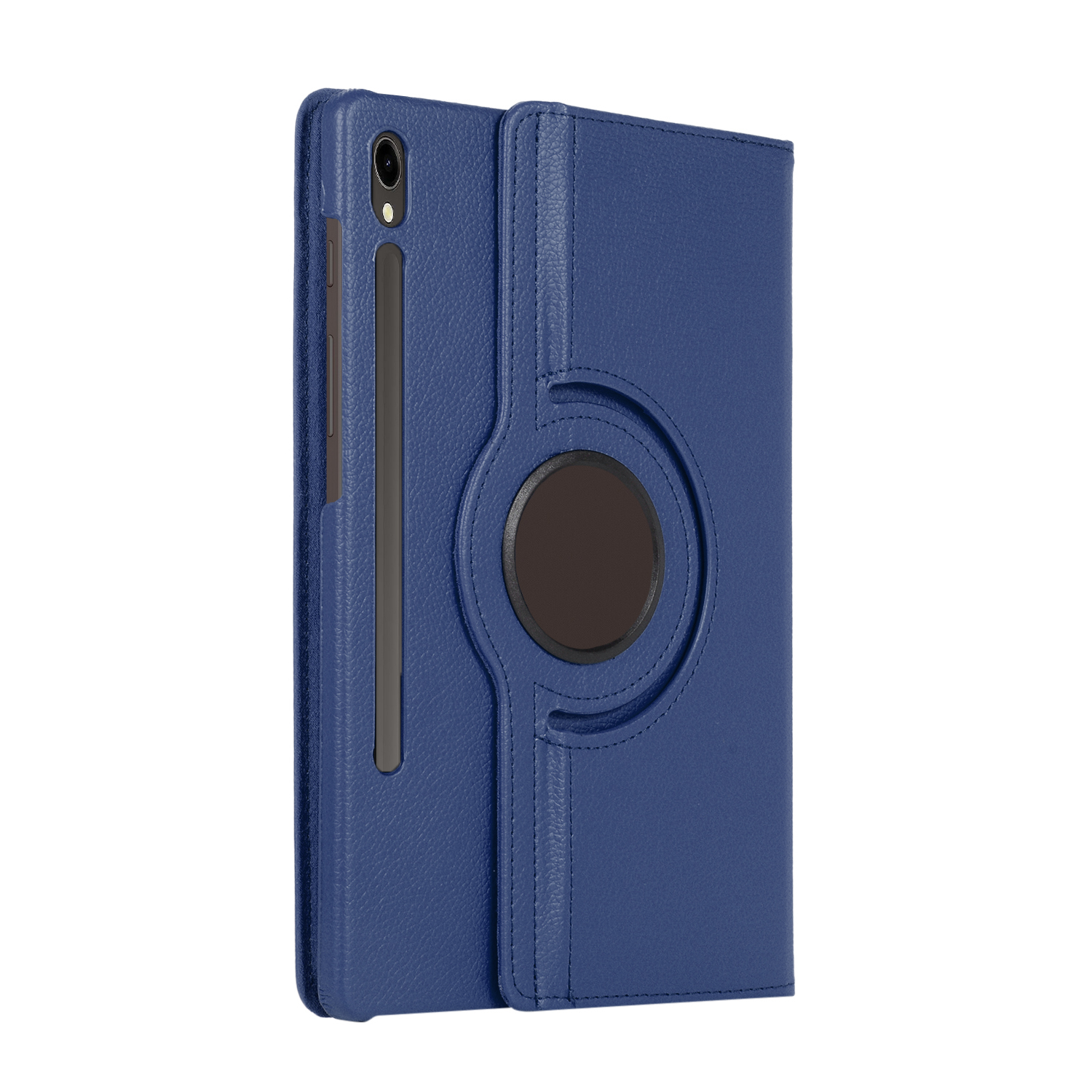 Blaue Tablet-Lederhülle mit einem Drehring auf der Rückseite.