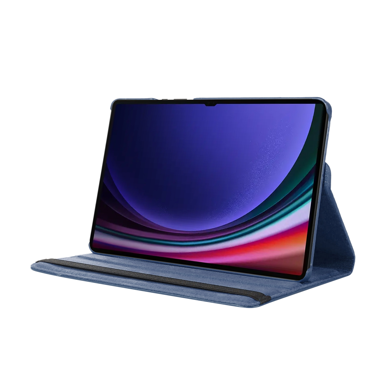 Blaues Tablet in einer blauen Hülle, offen und an der Abdeckung abgestützt, isoliert auf Weiß.