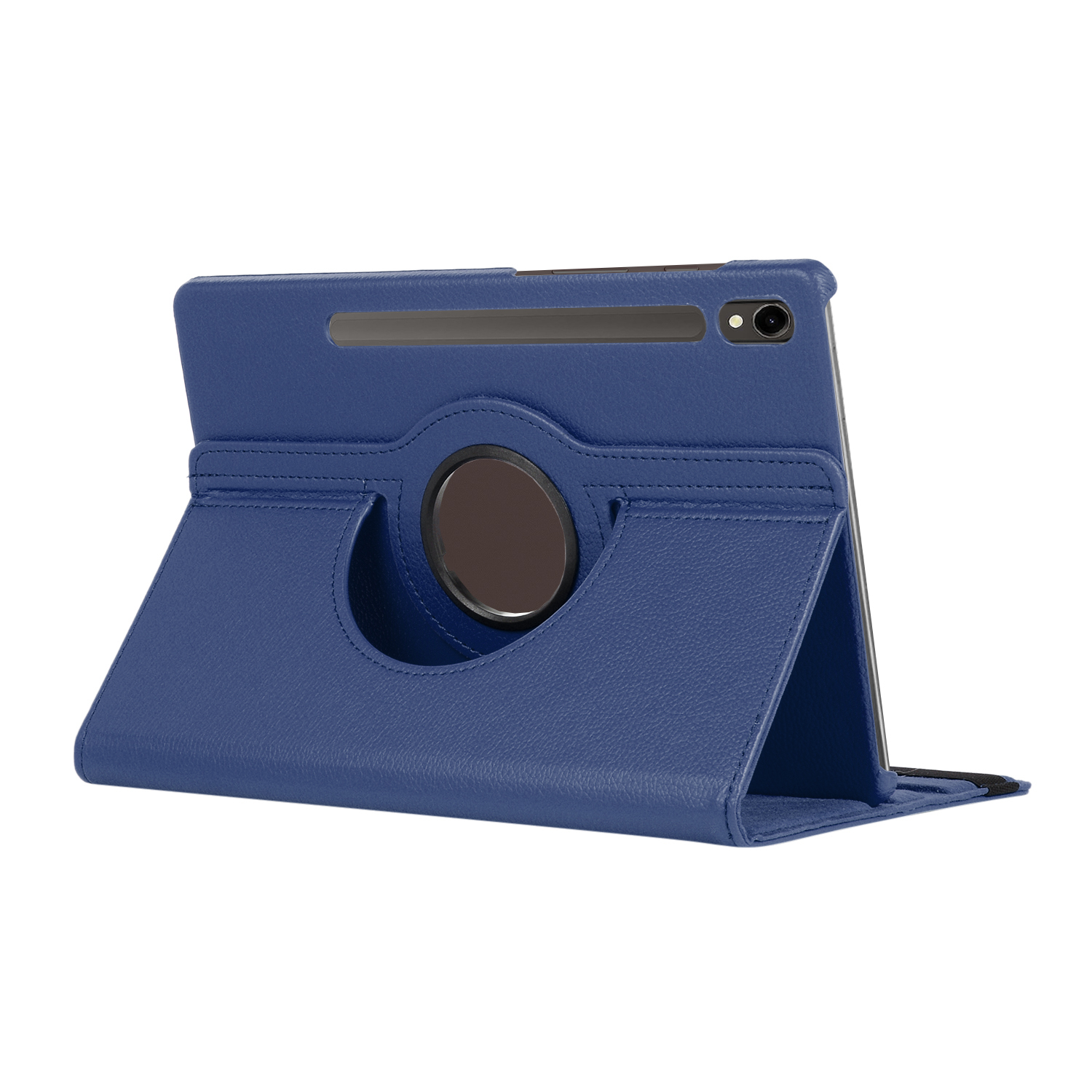Blaue Tablet-Hülle, abgewinkelt, mit Drehring auf der Rückseite, zum Abstützen gefaltet.