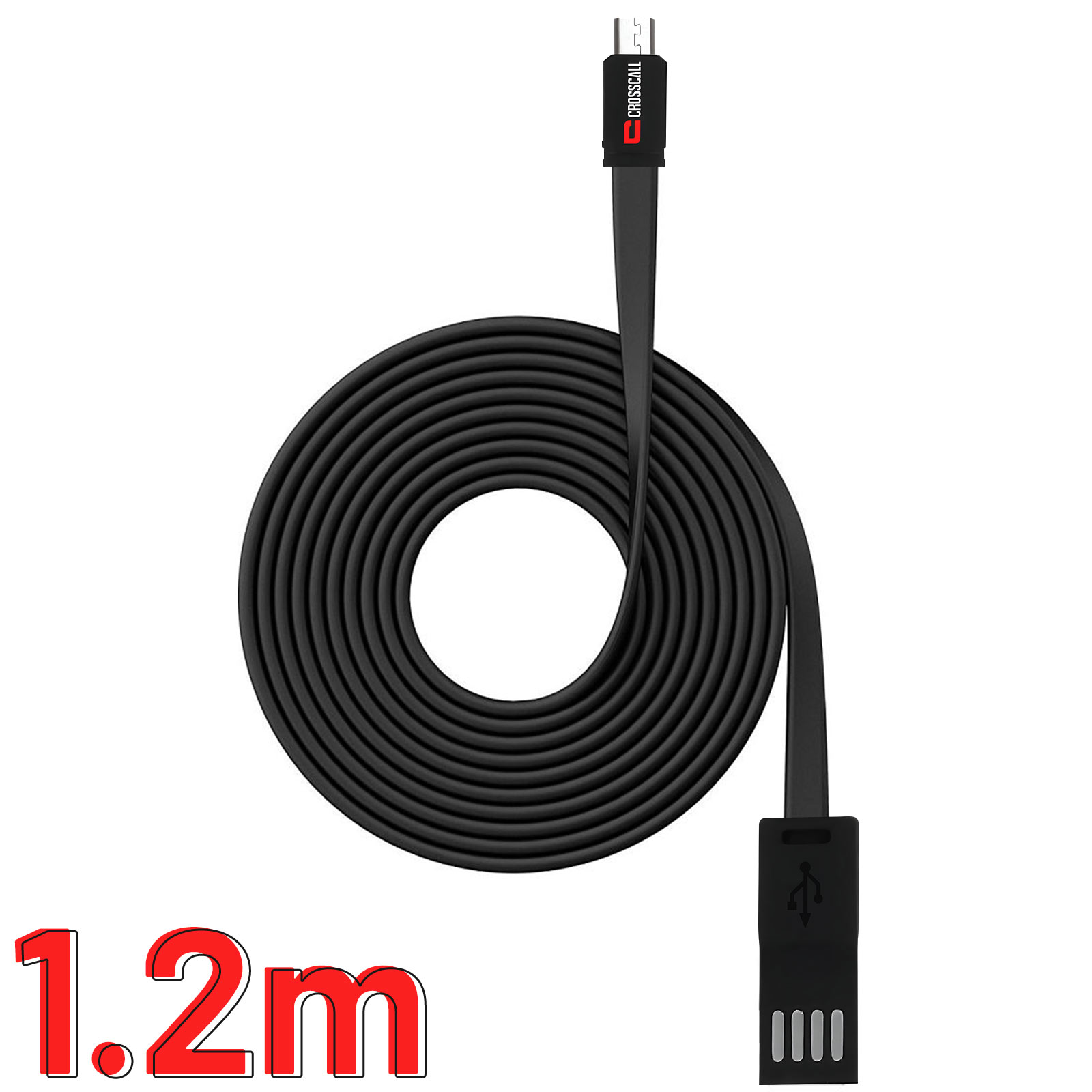 Cavo USB nero, arrotolato, con testo '1.2m' e marchio 'Crusscall' sul connettore.