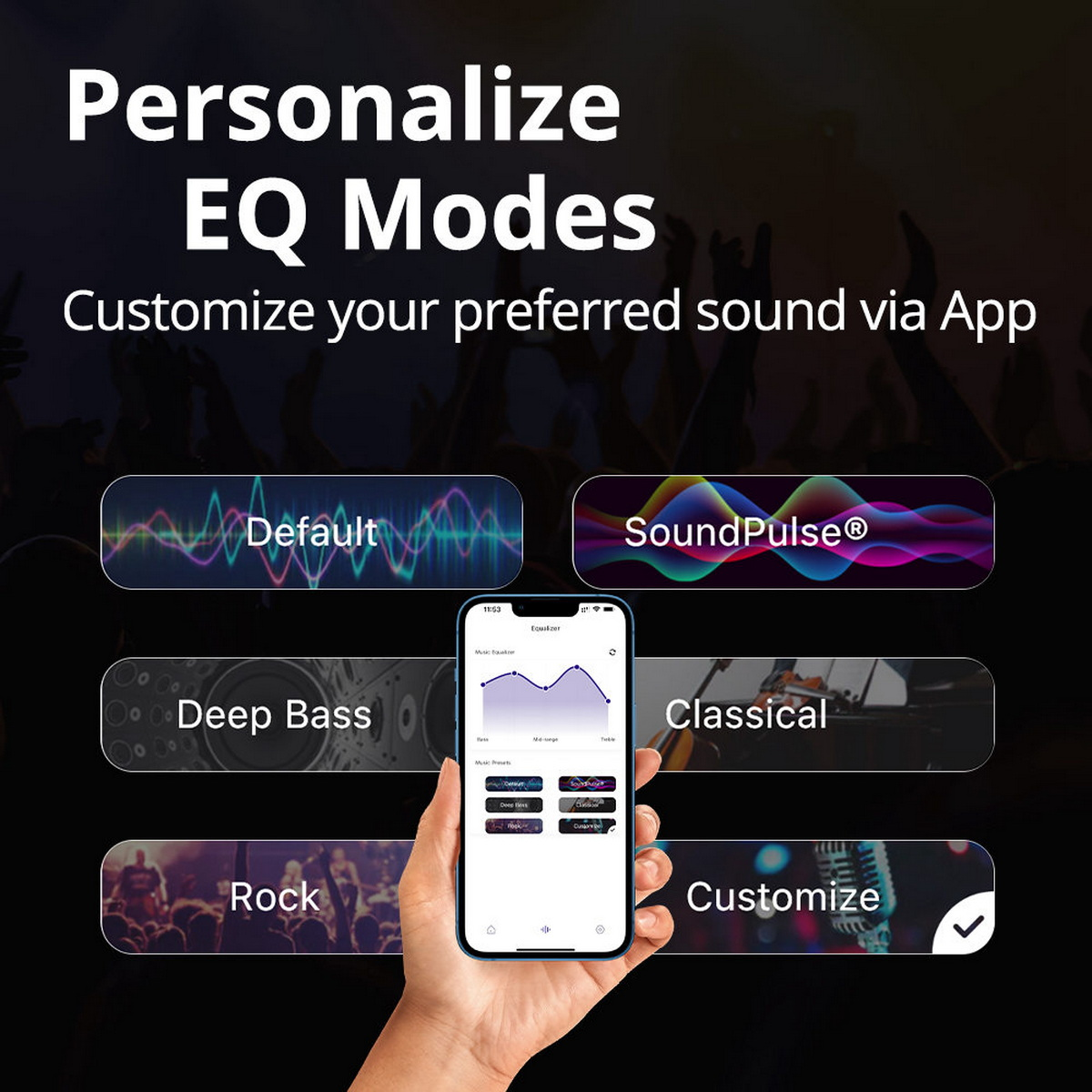 Dłoń trzymająca telefon, pokazująca aplikację do personalizacji trybów EQ. Różne ustawienia EQ, takie jak 'Default', 'Deep Bass'.