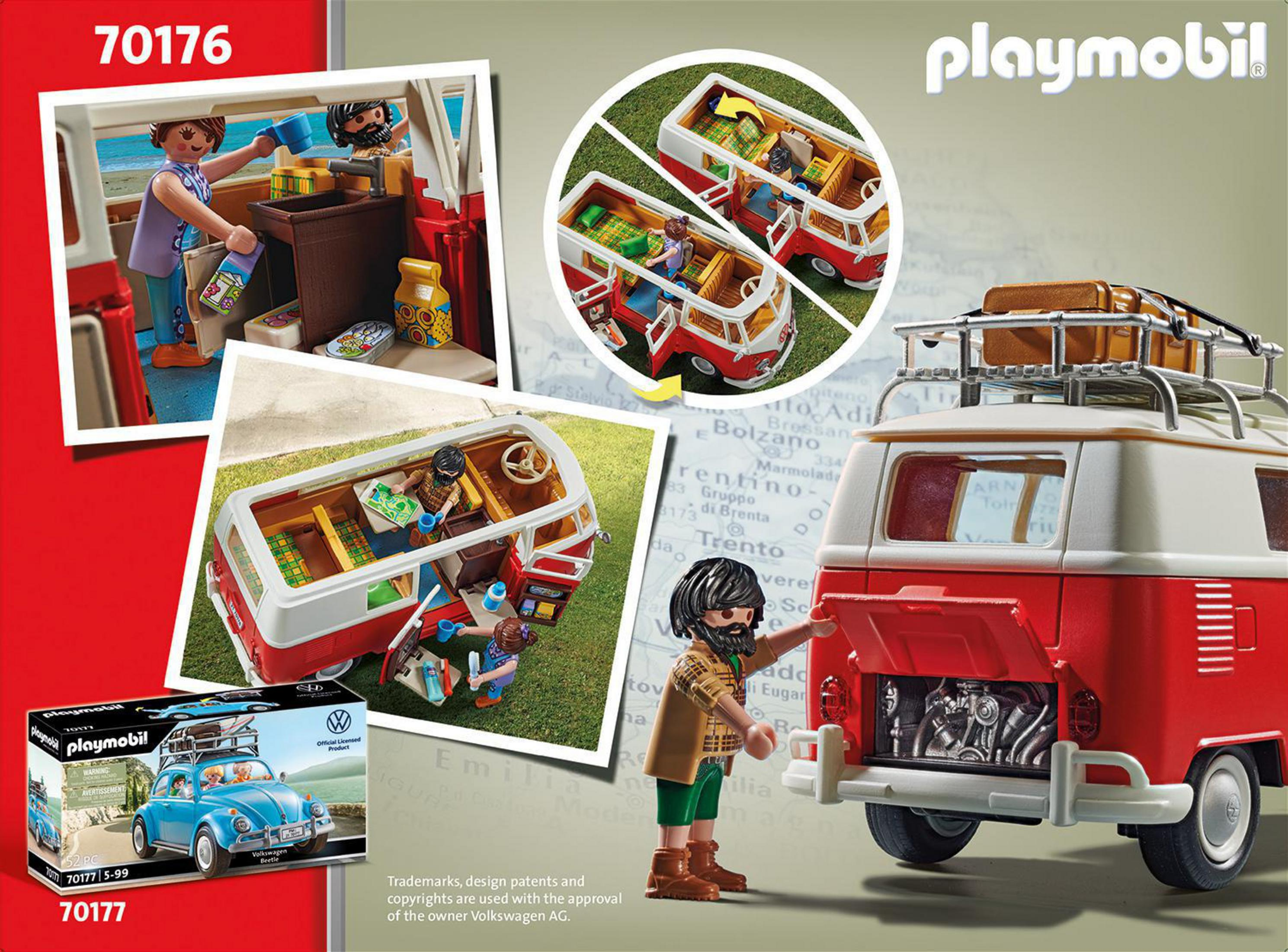 Zestaw Playmobil przedstawiający czerwono-białego kampera VW z figurkami i akcesoriami.