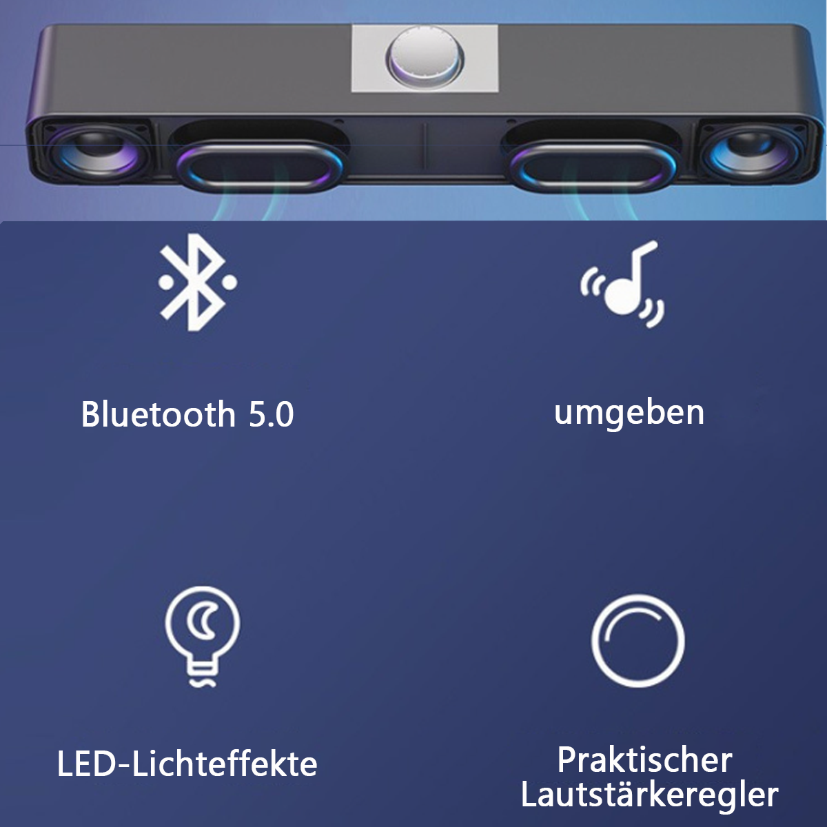 Schwarze Soundbar mit Lautsprechern und Bedienelementen. Symbole für Bluetooth, Musik, LED-Effekte und Lautstärke.