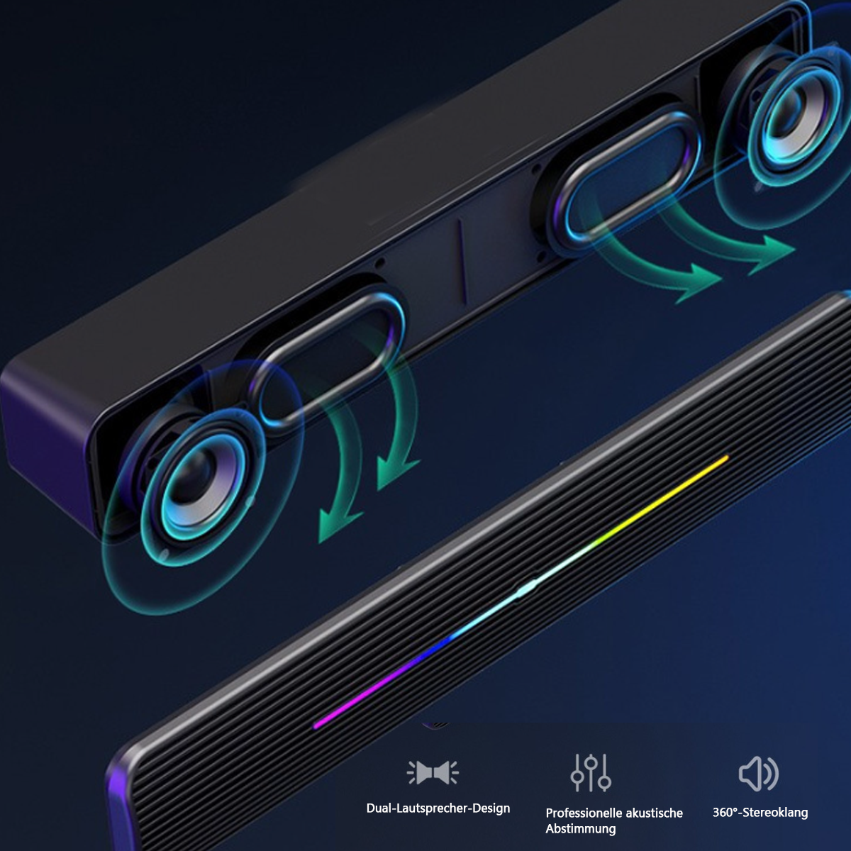 Eine schwarze Soundbar mit Lautsprechern und einem farbenfrohen Lichtstreifen auf dunklem Hintergrund.