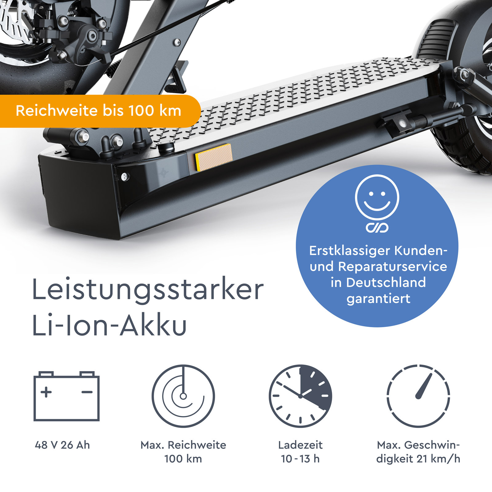 Schwarzer Elektroroller mit Text und Symbolen, die Batterie, Reichweite und Ladezeit anzeigen.