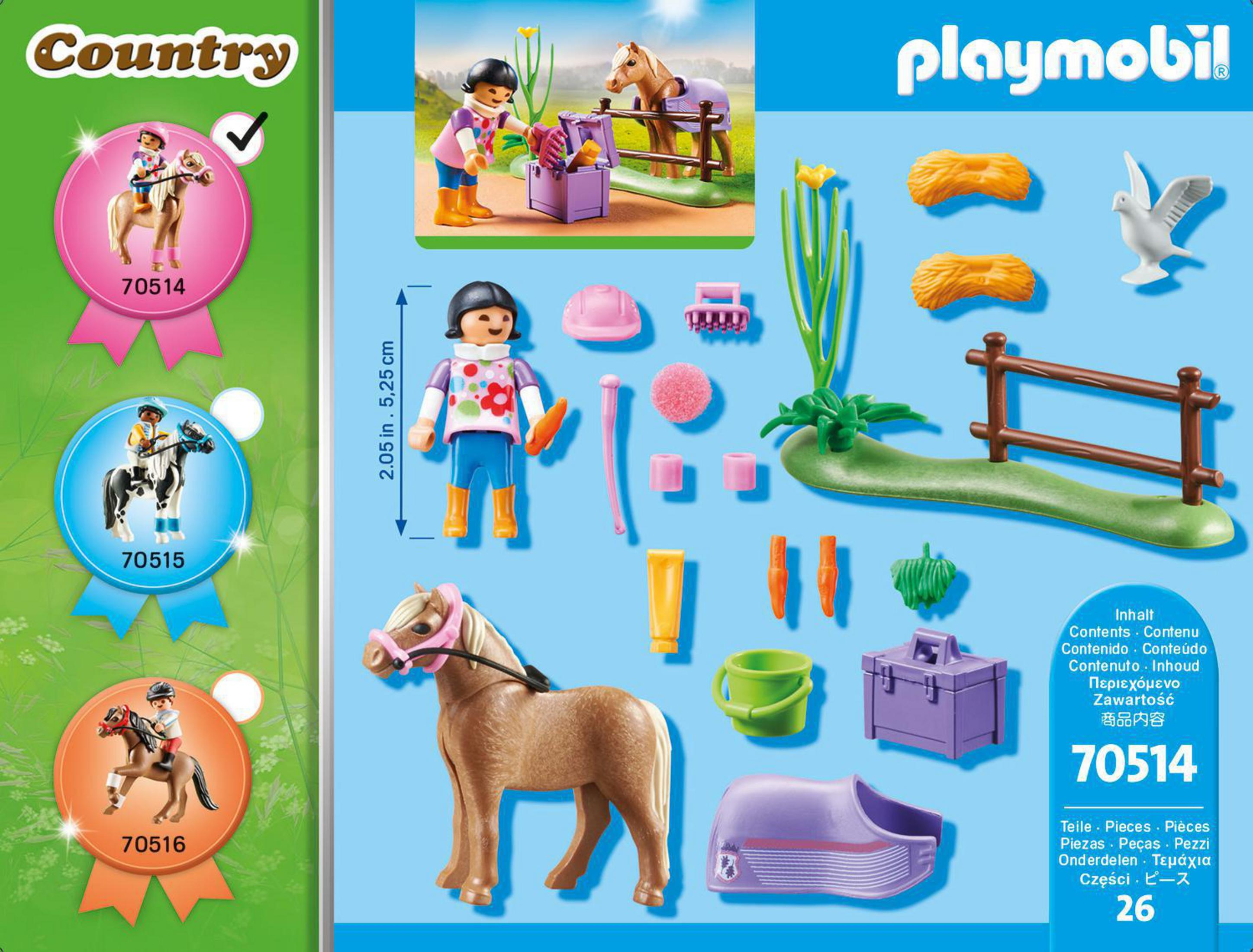 Playmobil-Box mit Pferd, Figuren und Zubehör für eine Reitszene.