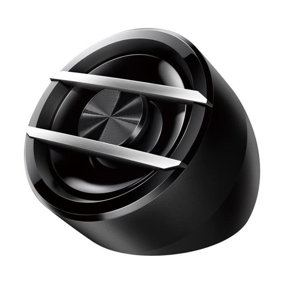 Haut-parleur noir avec des accents argentés. Design rond et moderne.