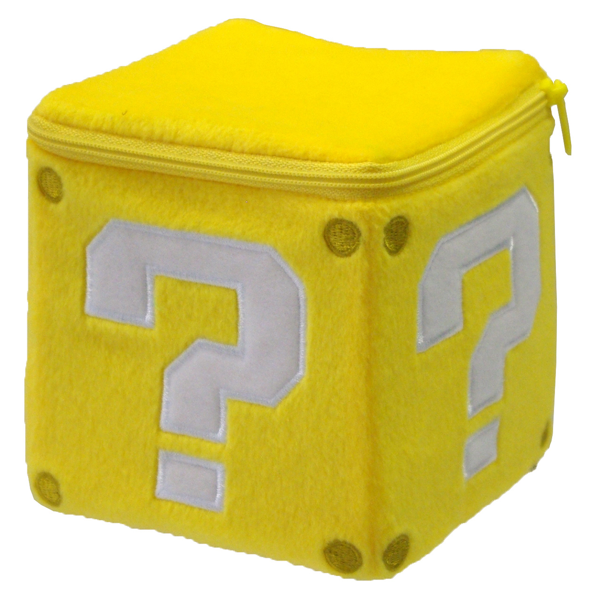 Eine gelbe Box mit Fragezeichen auf den Seiten, mit Reißverschluss oben, vor weißem Hintergrund.