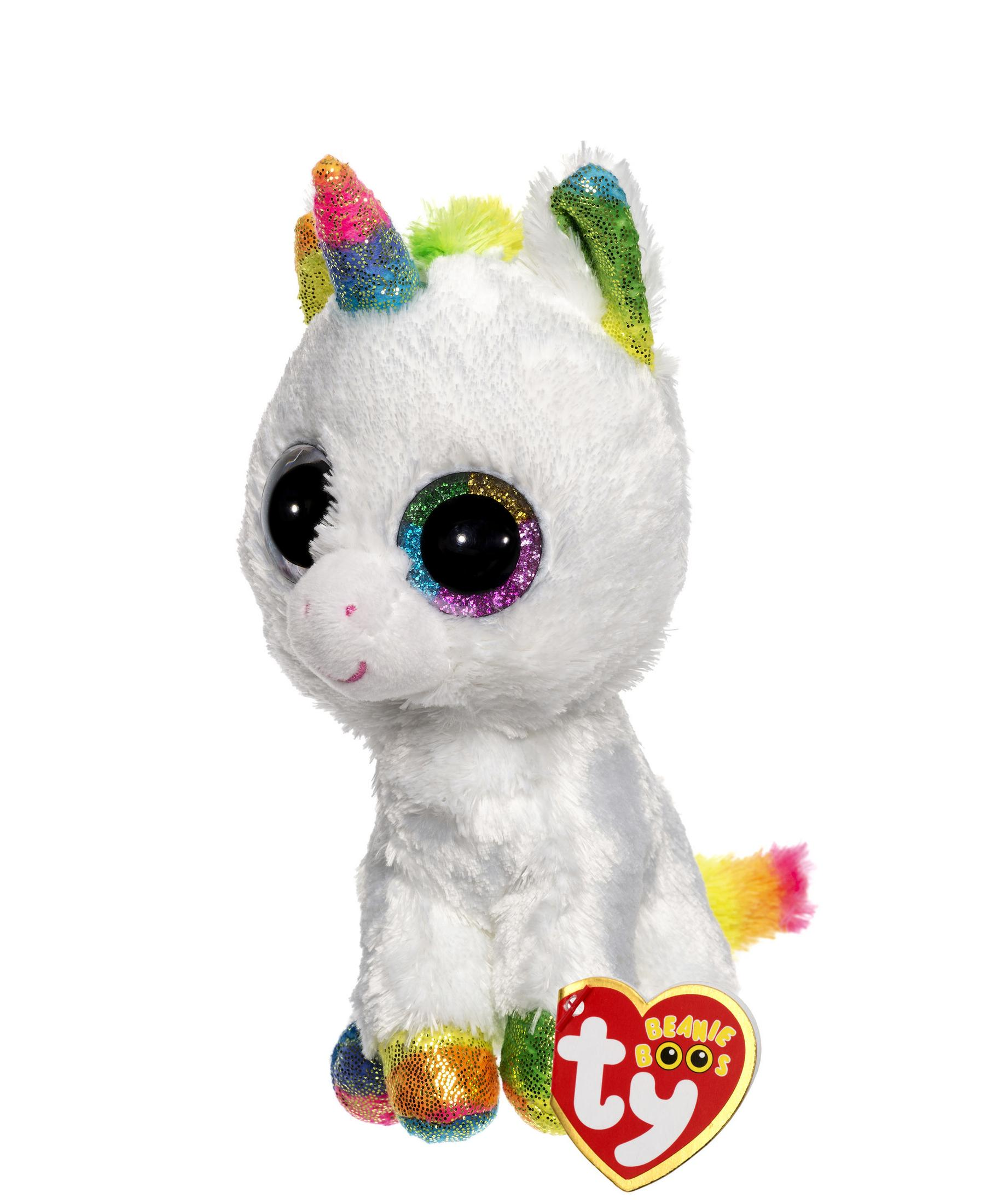 Weißes Einhorn-Plüschtier mit Regenbogenmähne, Horn und Schwanz. Beanie Boos-Etikett.