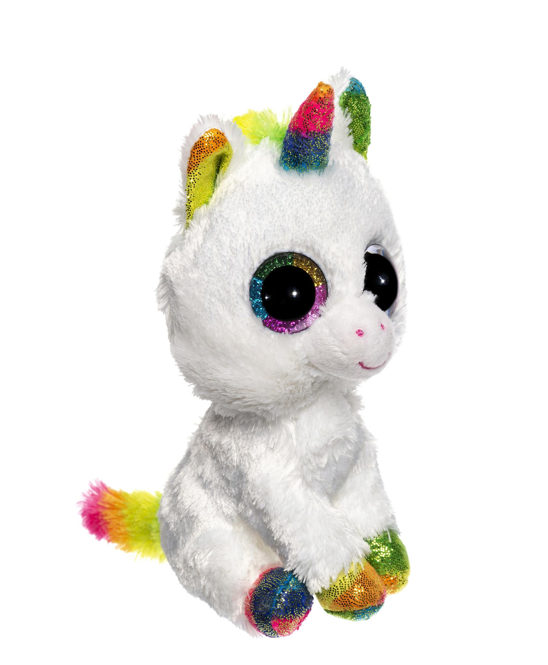 Ein weißes Einhorn-Stofftier mit Regenbogen-Akzenten. Es sitzt auf weißem Hintergrund.