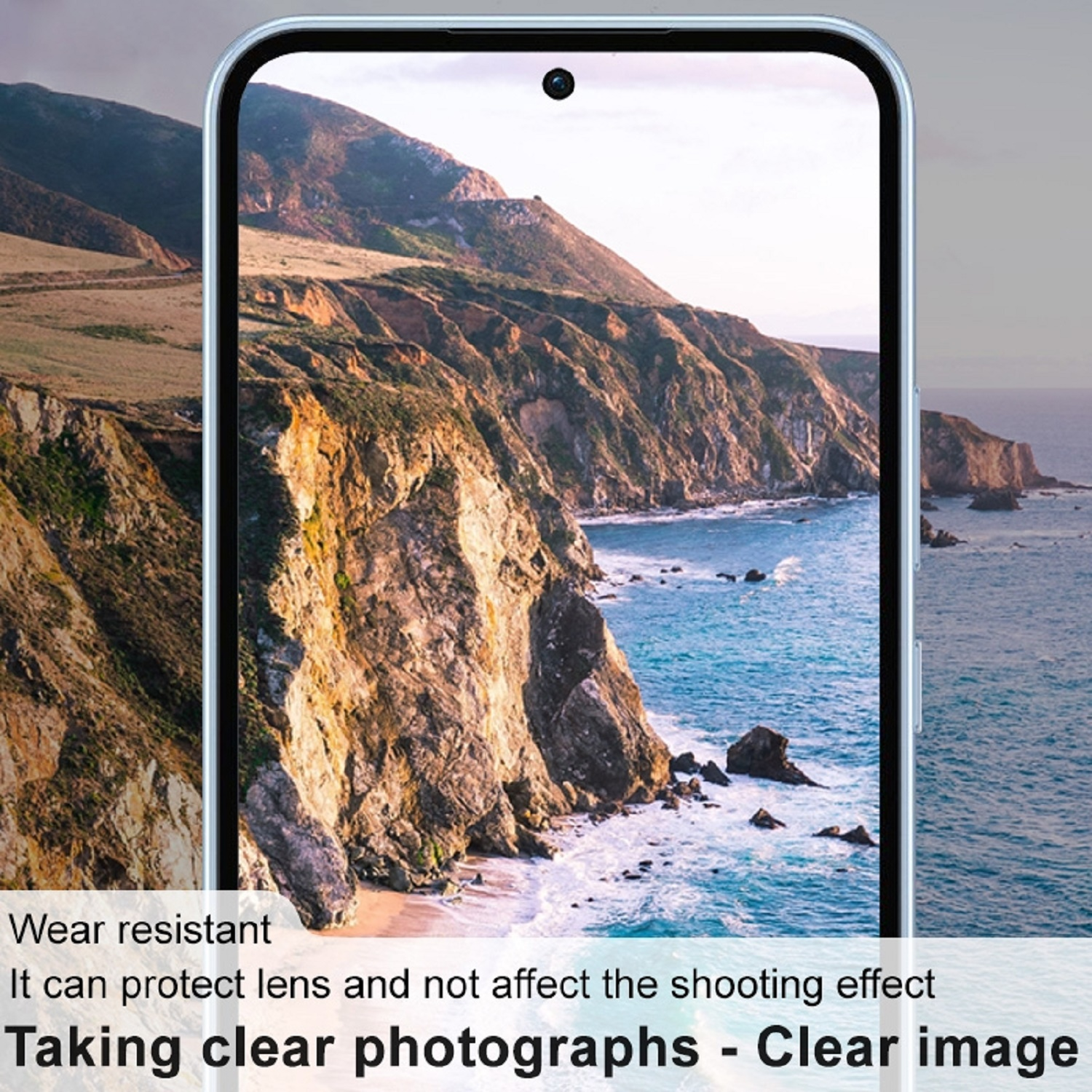 Smartphone-Bildschirm mit Küstenbild und Text über klare Bildqualität.