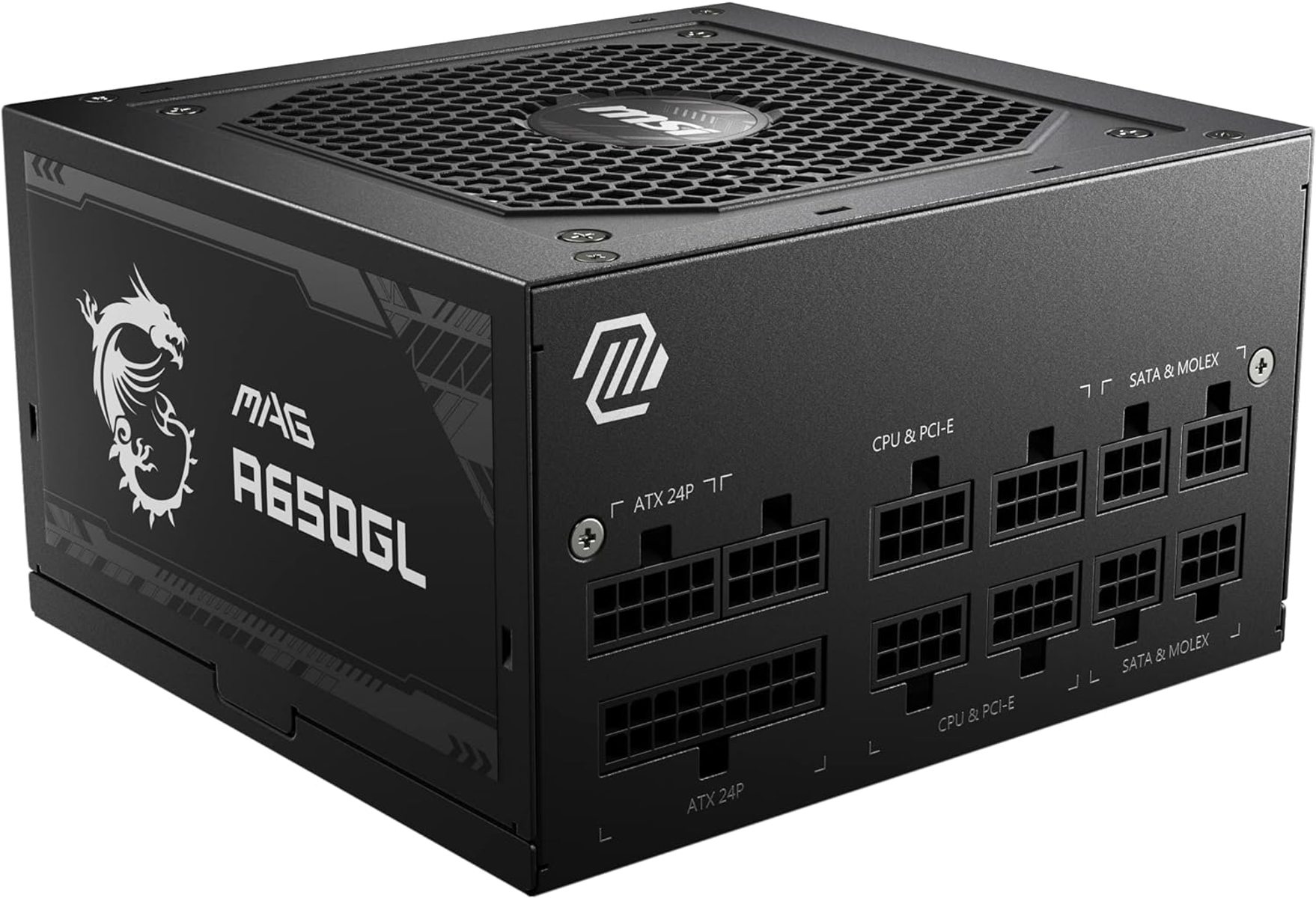 Een zwarte computer voeding met labels, poorten en het MSI-logo.