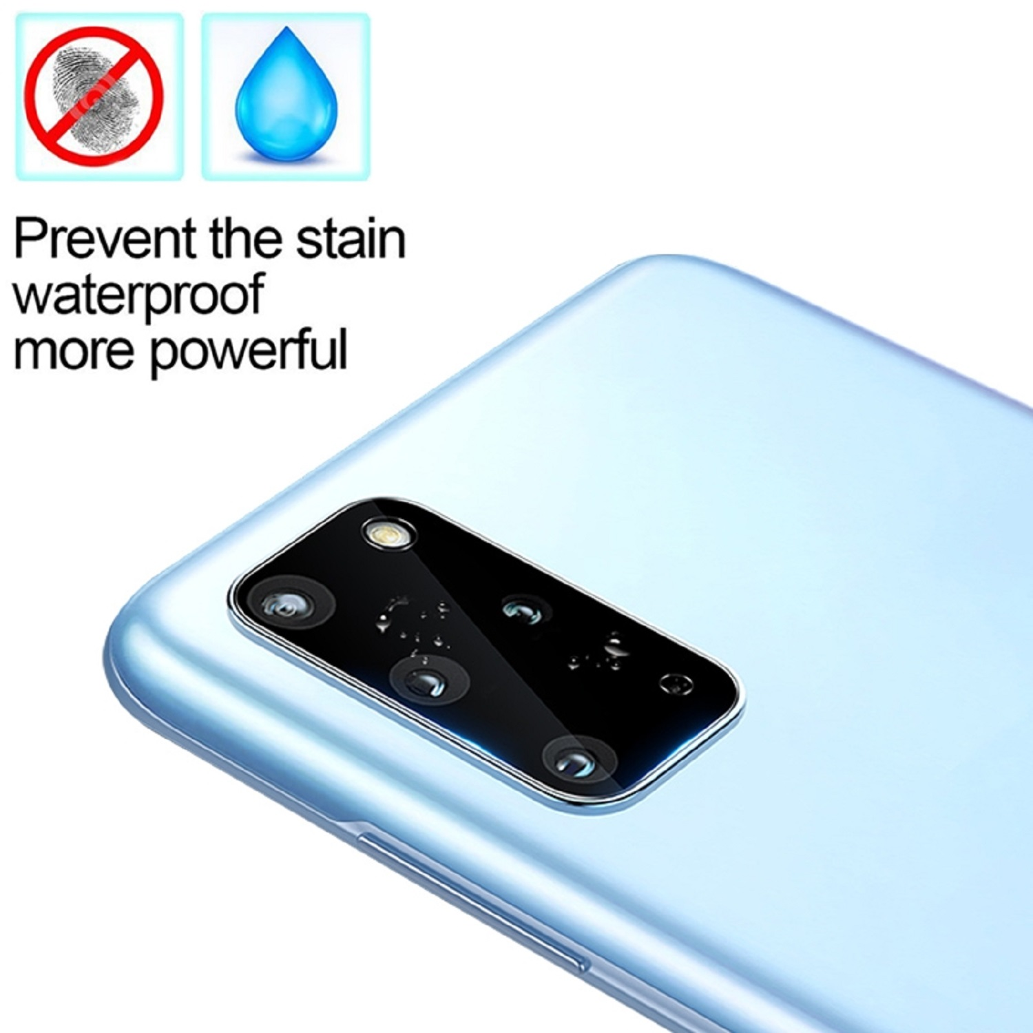 Hellblaues Telefon mit Kamera-Array. Fingerabdruck- und Wassertropfen-Symbole. Text weist auf Wasserdichtigkeit hin.