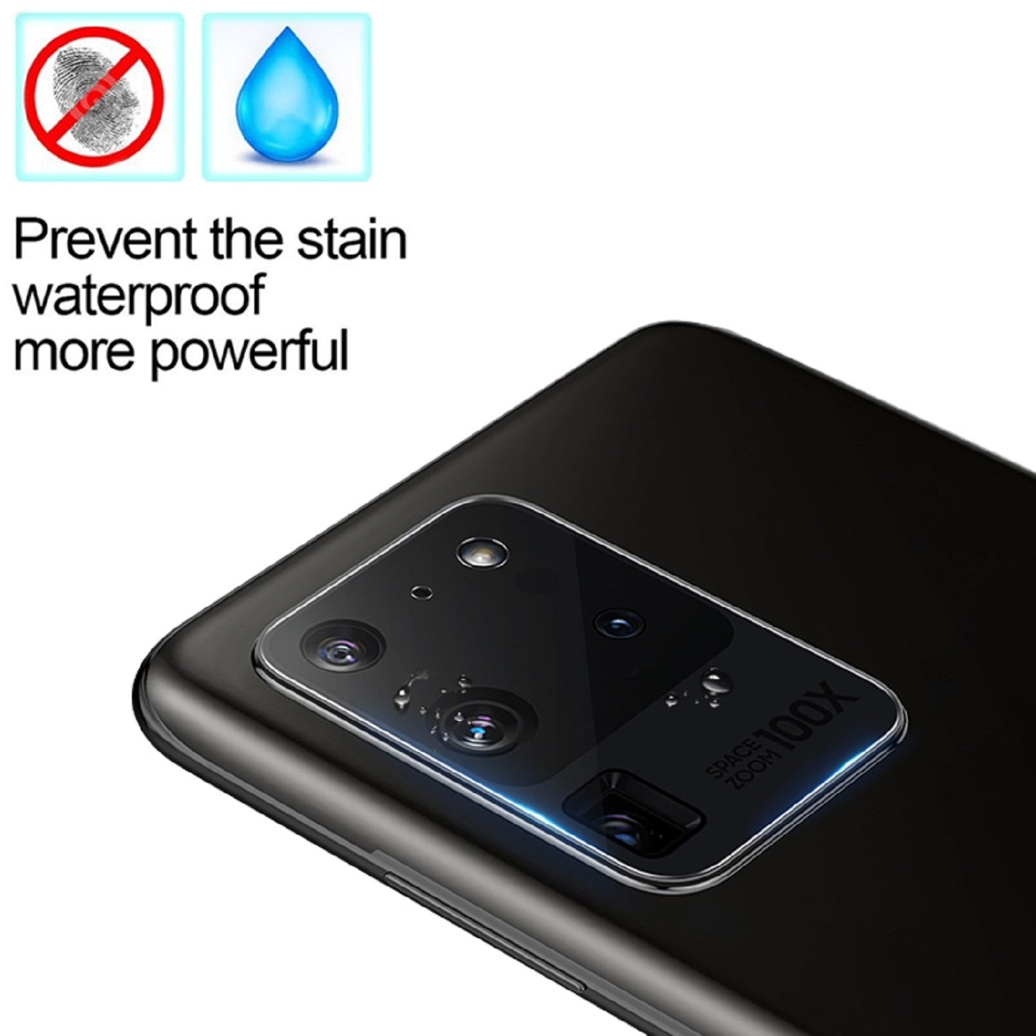 Schwarzes Telefon mit Kameraschutz und Wasserzeichen. Der Schutz verhindert Flecken.