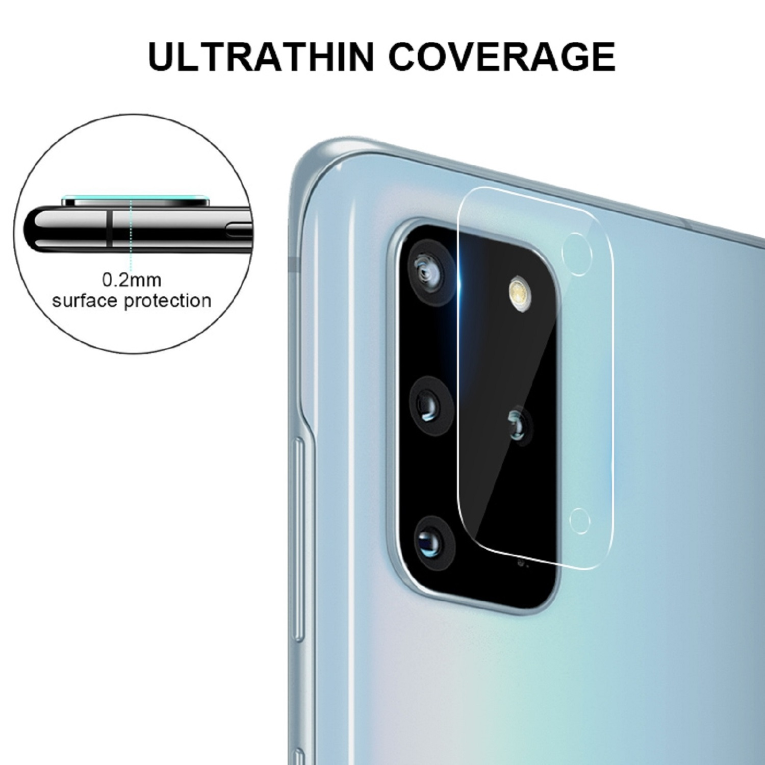 Handy-Displayschutz. Text: ULTRADÜNNE ABDECKUNG, 0,2 mm Oberflächenschutz.