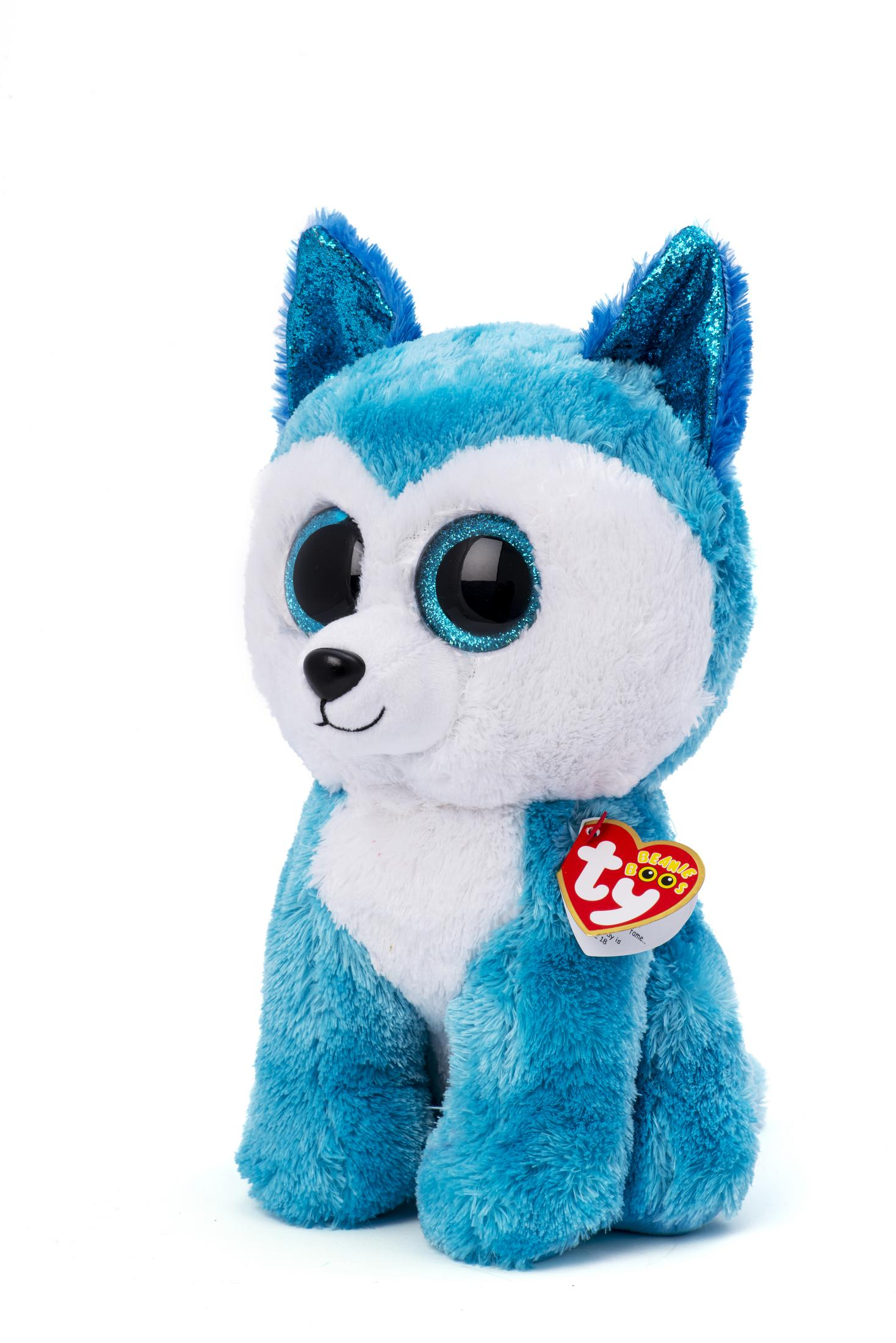 Blaues Husky-Plüschtier mit glitzernden Ohren und einem Ty-Herzanhänger.