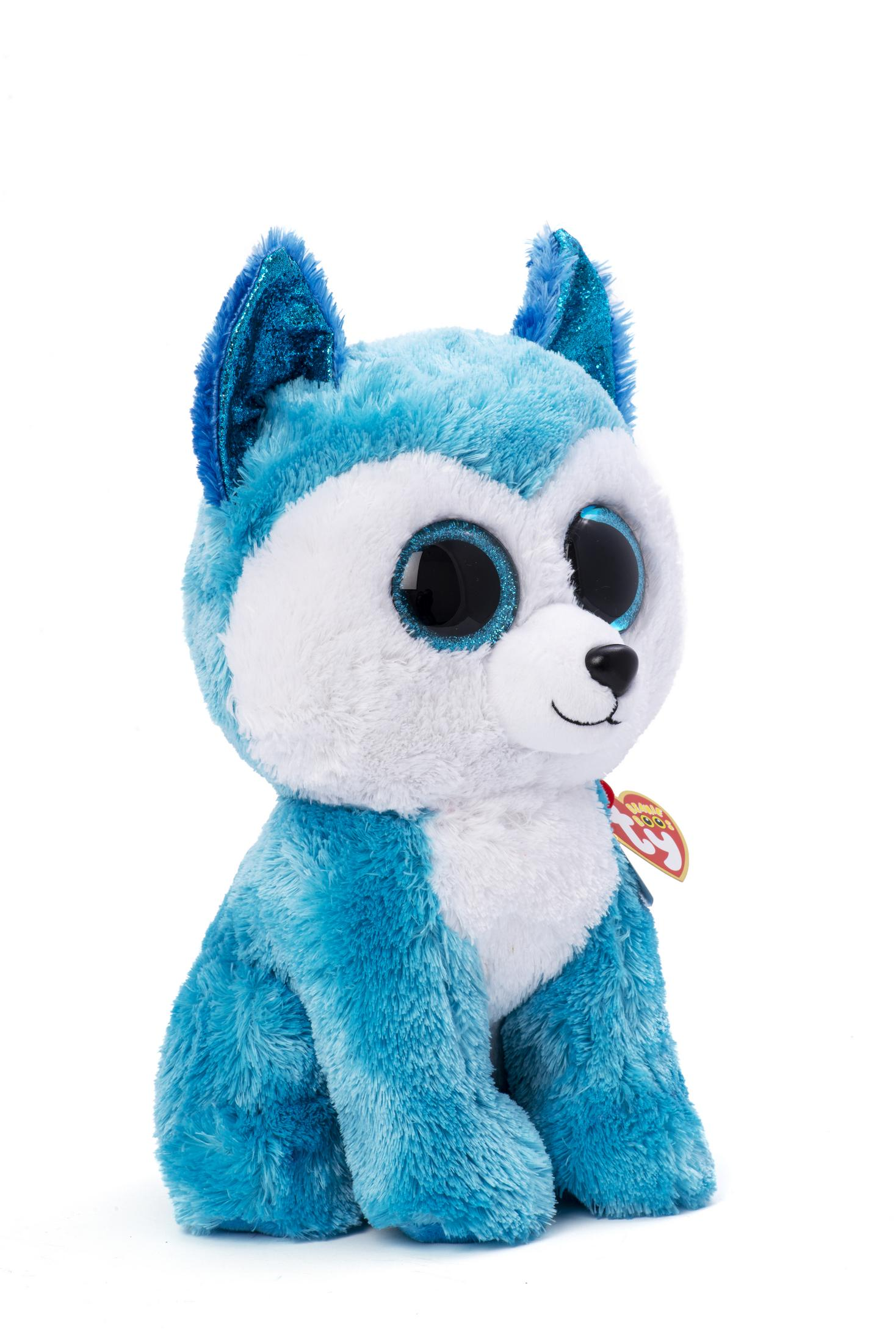 Ein blau-weißes Plüsch-Husky-Hundespielzeug mit großen Augen und einem roten Anhänger am Hals.