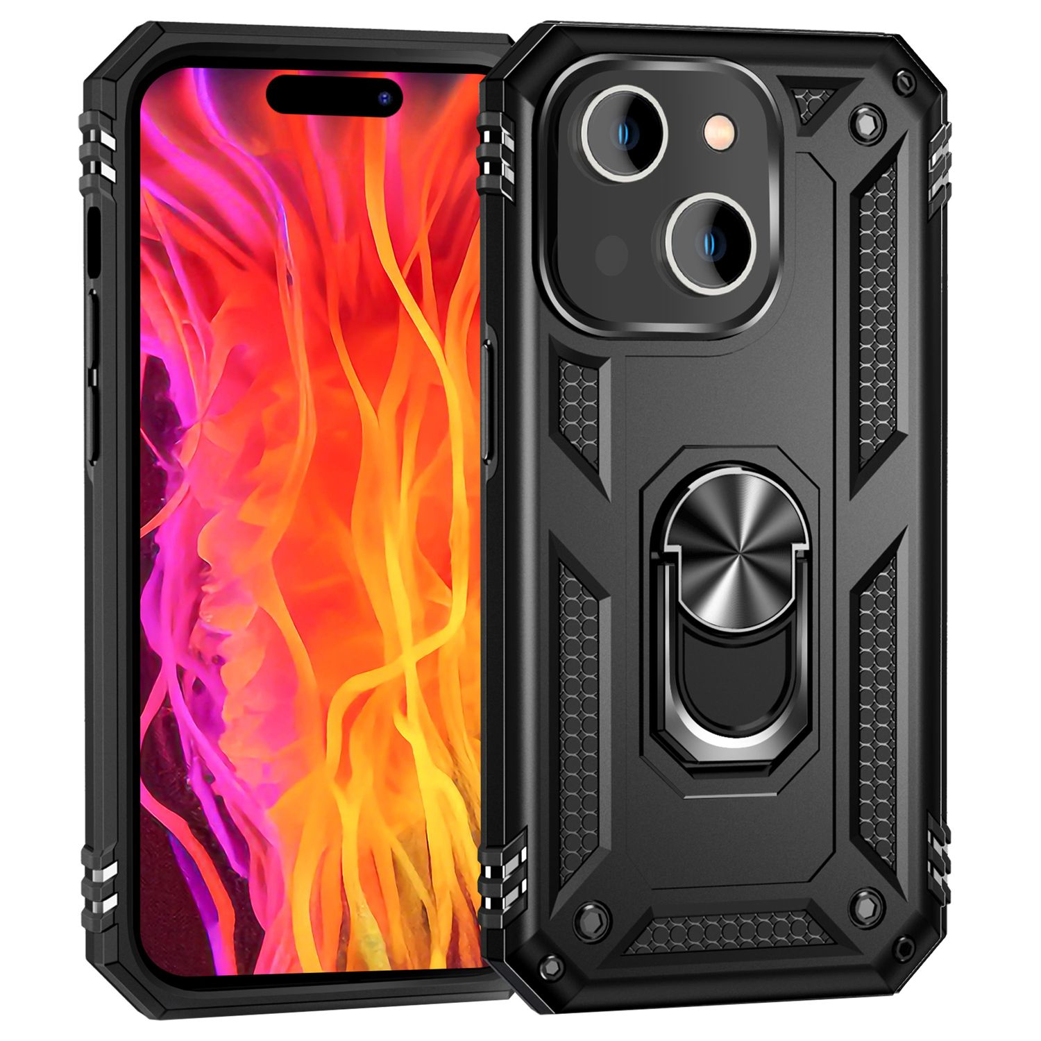 Un teléfono en una funda negra con soporte de anillo. El fondo es blanco.