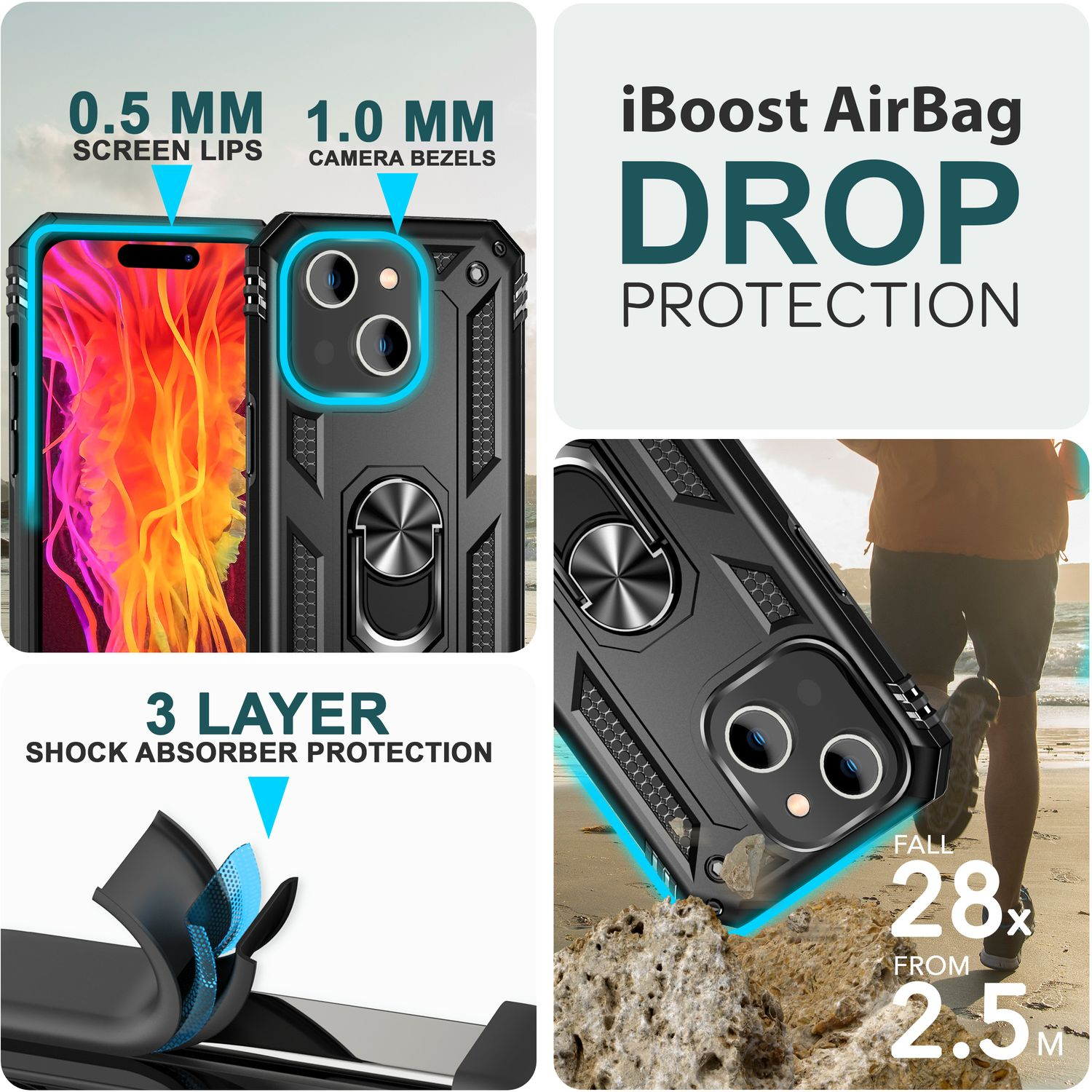 Una funda de teléfono negra con múltiples capas y características de protección contra caídas.