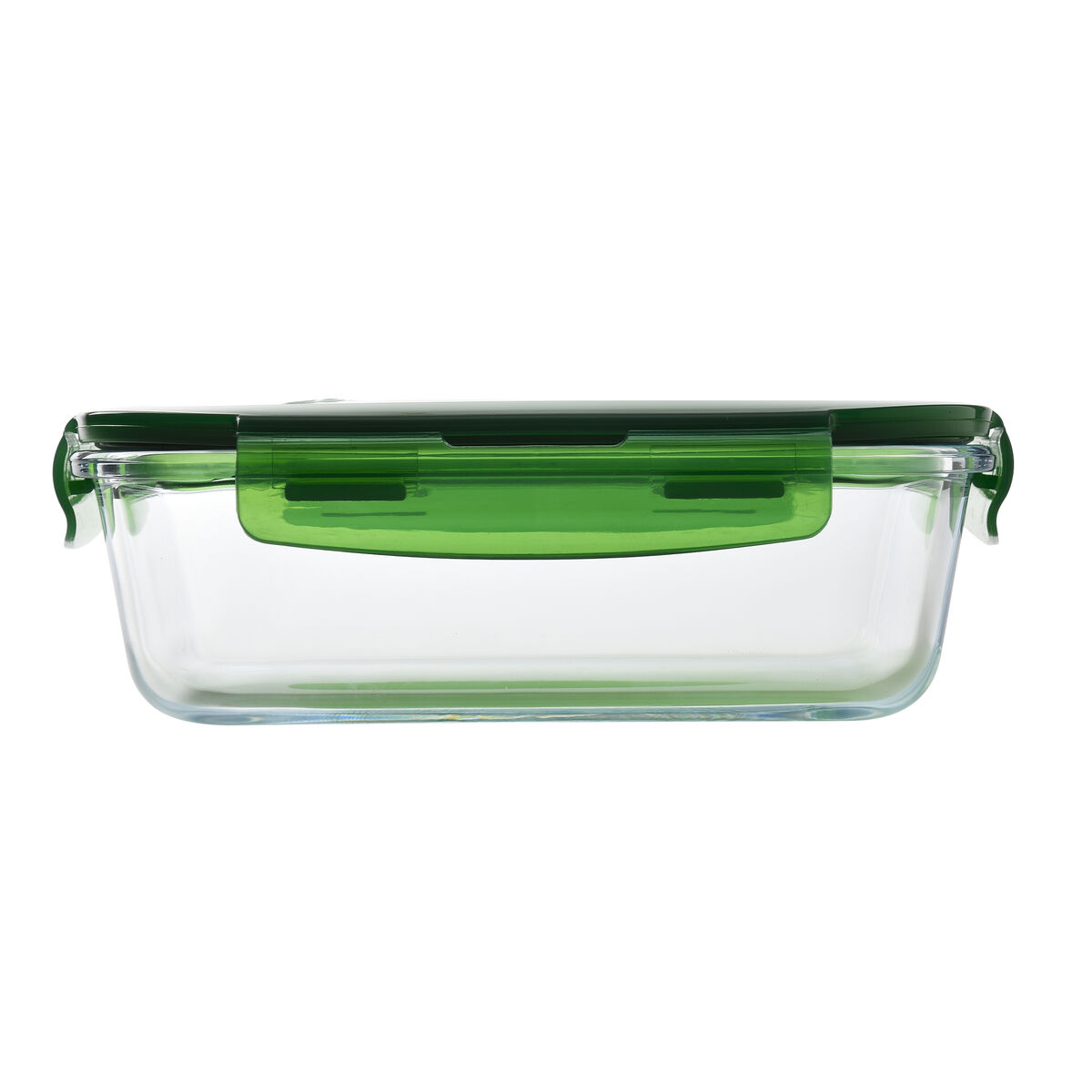 Rechteckiger Glasbehälter mit grünem Deckel.