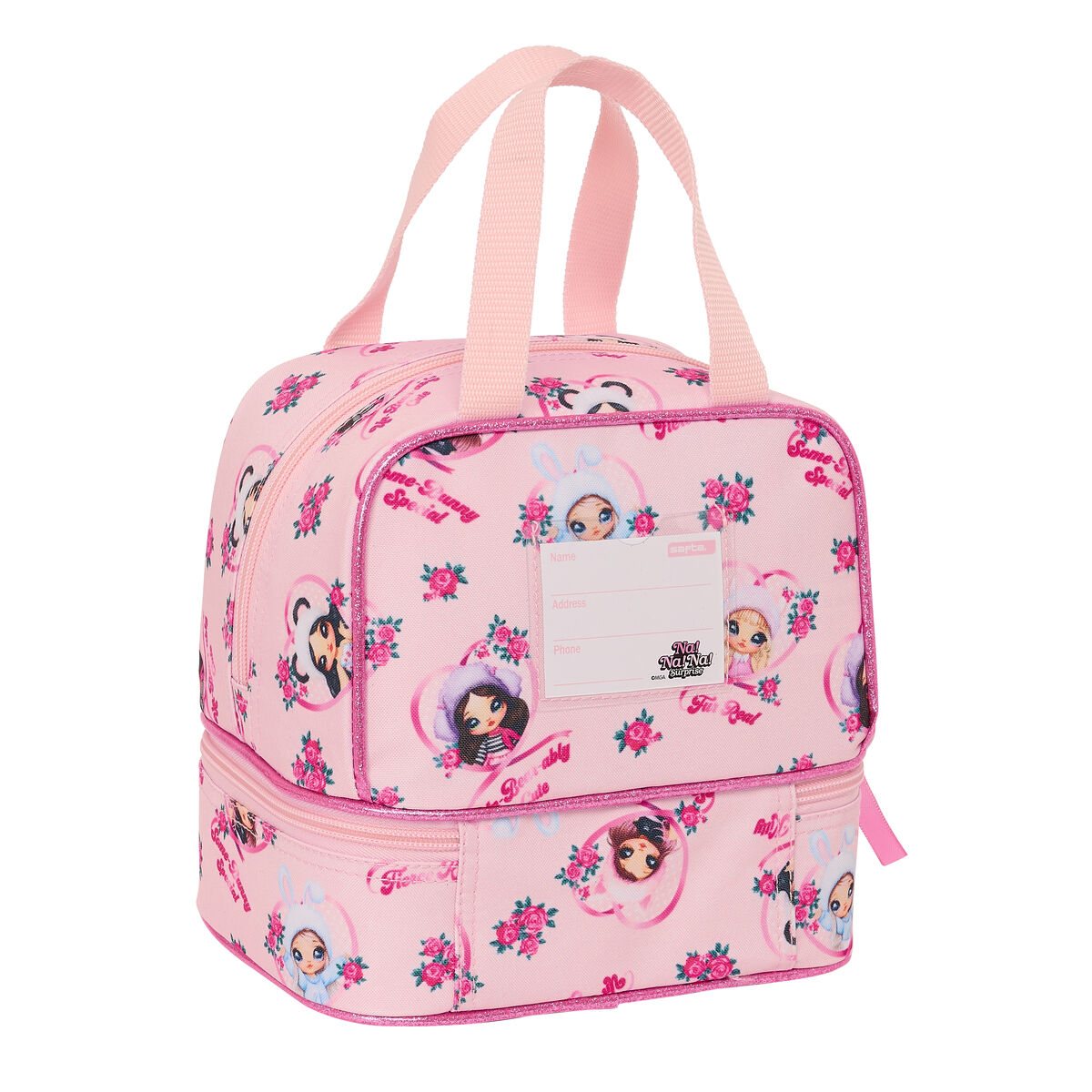 Eine rosa Lunchbox mit Cartoonfiguren und Blumen.
