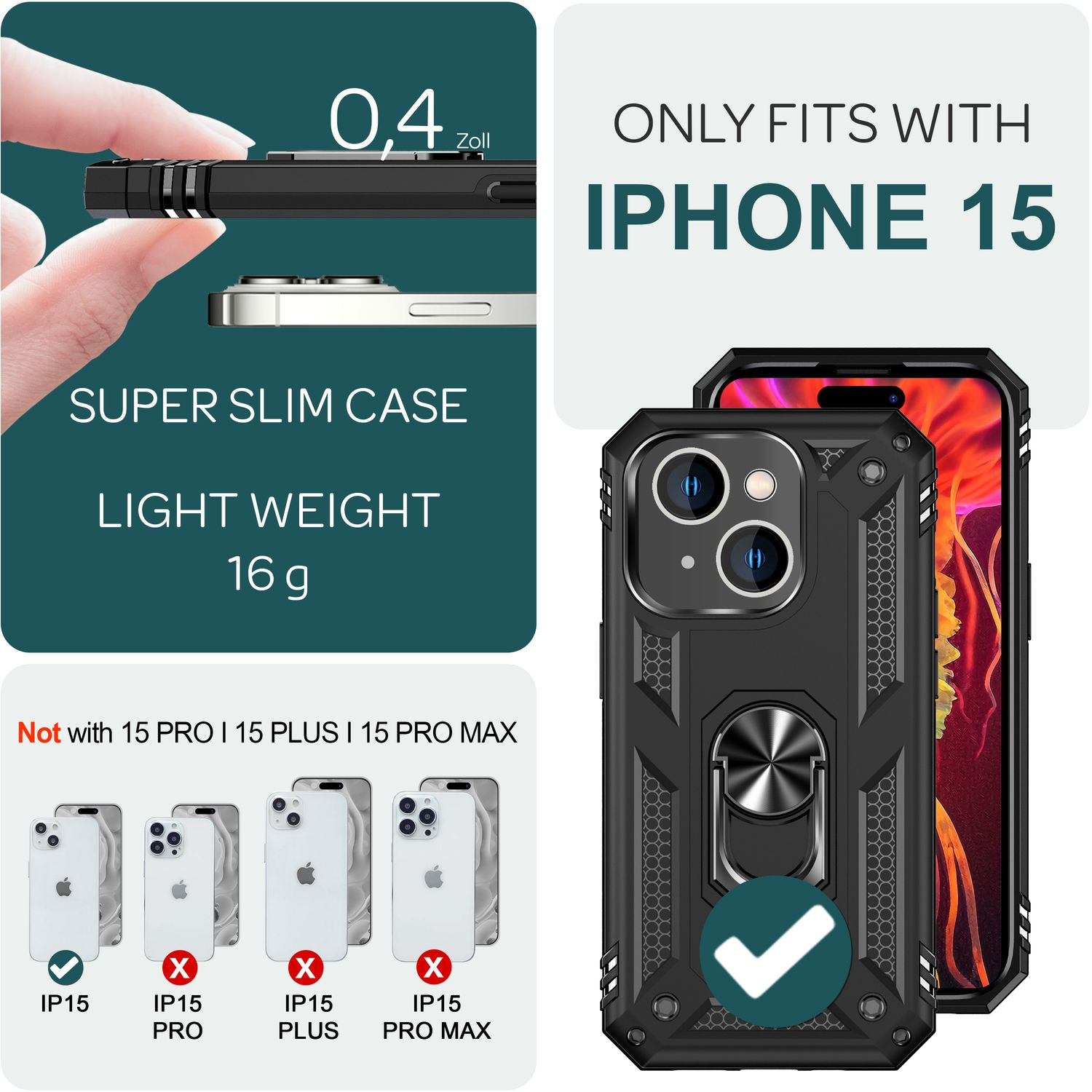 Una funda negra para teléfono con un soporte de anillo plateado. Solo se adapta al iPhone 15.