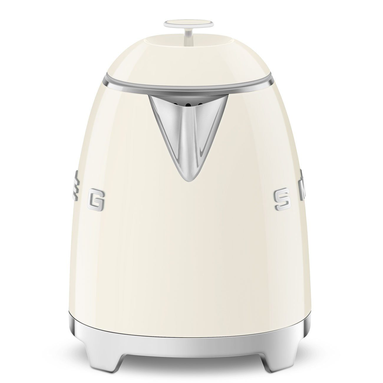 Ein cremefarbener Smeg-Elektrokessel mit einem metallischen Ausguss und Boden.