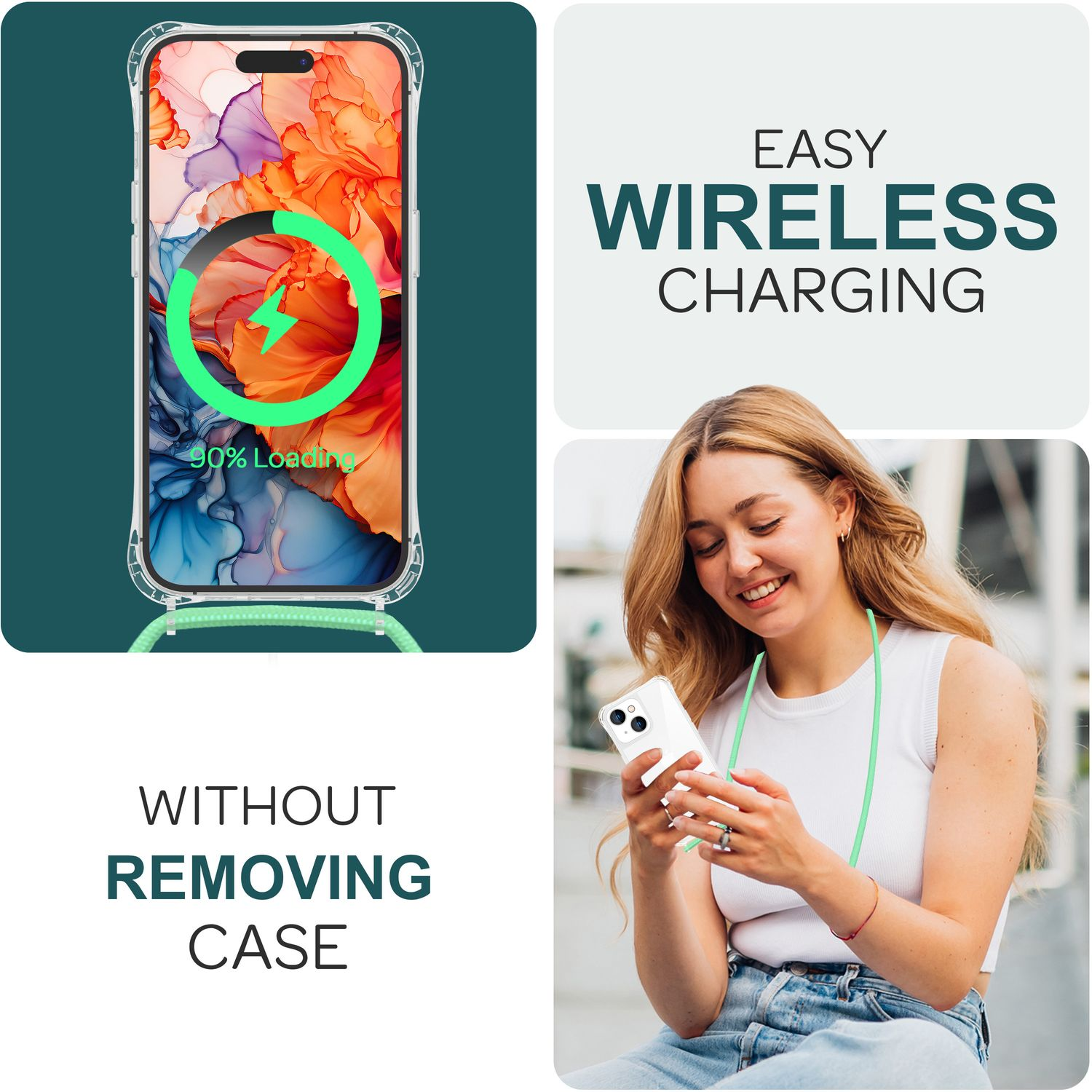 Donna che usa il telefono con custodia e cordino. Immagine di ricarica wireless.
