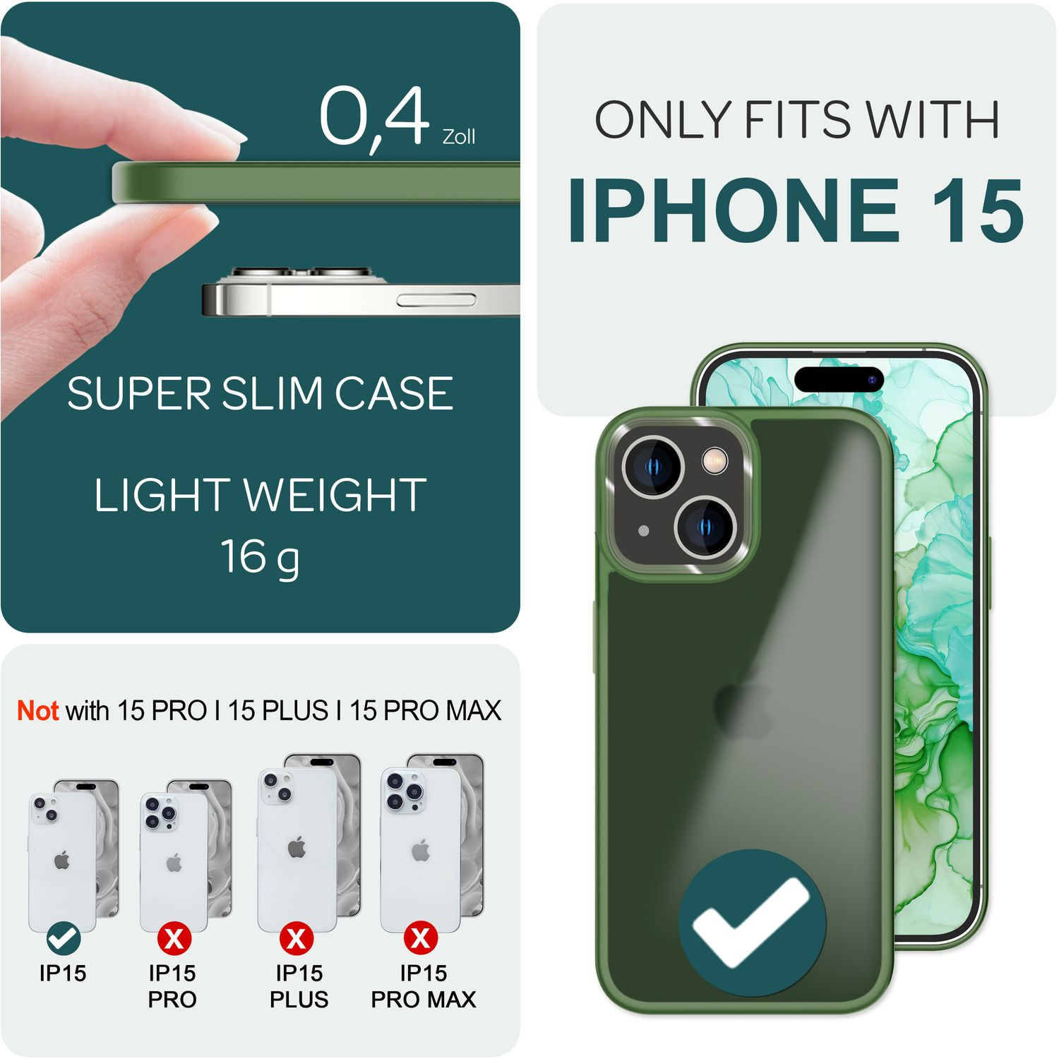 Grüne iPhone 15 Hülle. Text: schlankes Design, leicht. Nur für iPhone 15, nicht Pro/Plus/Pro Max.