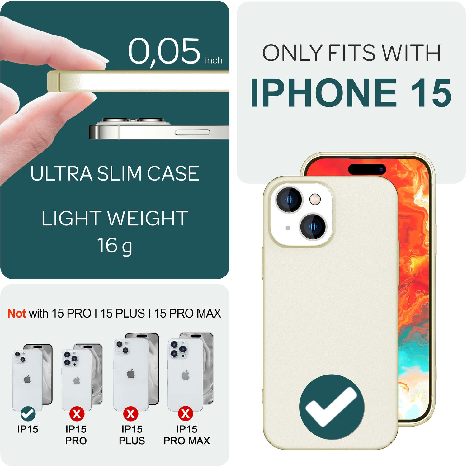 Una custodia per iPhone con un diagramma che indica che si adatta solo all'iPhone 15. Custodia bianca, telefono e testo sono mostrati.