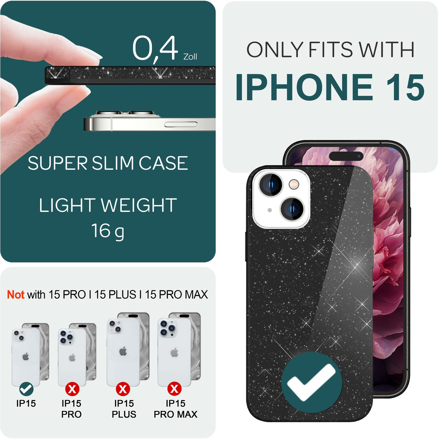 Eine schwarze Handyhülle mit Glitzer, mit einem Telefon und einem Hinweis zur iPhone-Kompatibilität.