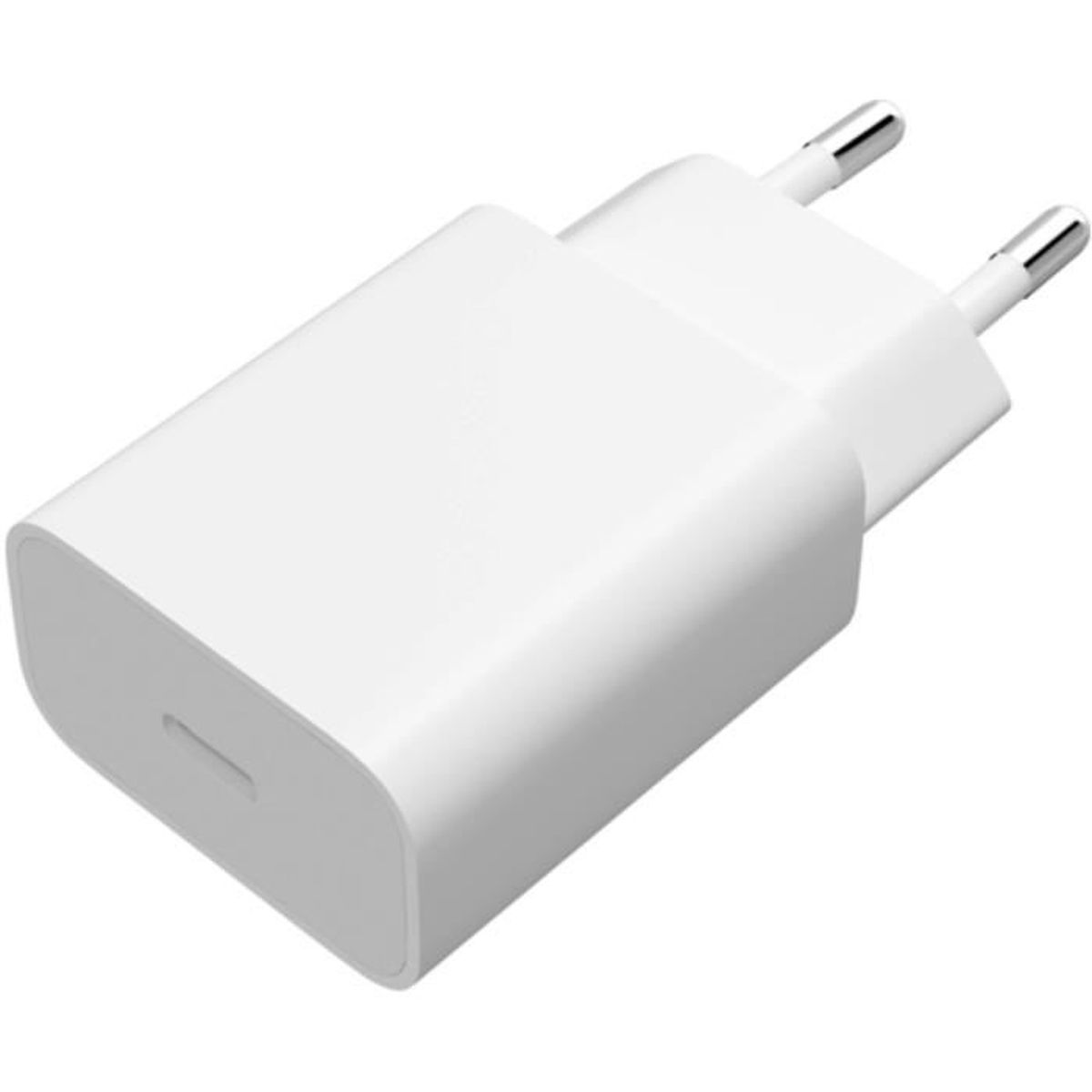 Ein weißes Wandladegerät mit zwei Stiften. Es hat unten einen USB-Anschluss.